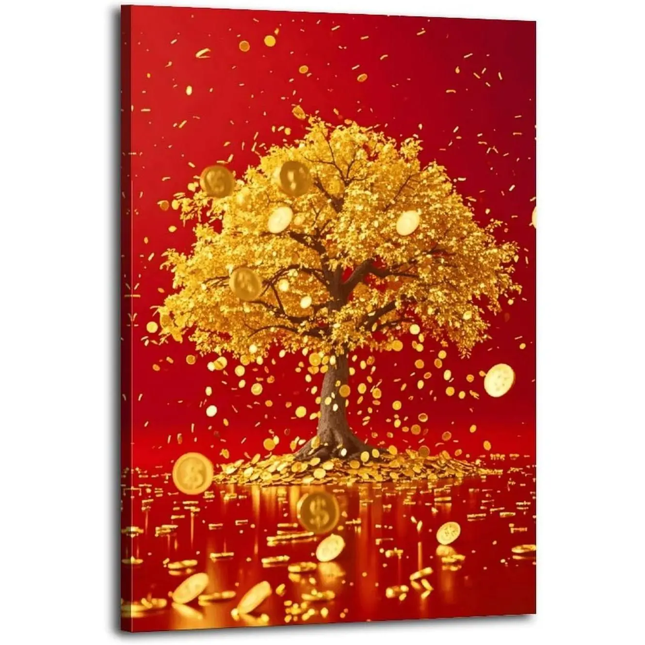 Golden Money Tree Surrounded by Gold Coins Wall Art Print Vintage Canvas Wall Art Wall Decor Aesthetic Modern Living Room Bathroom Decor Poster 16x24inch(40x60cm) Frame-style