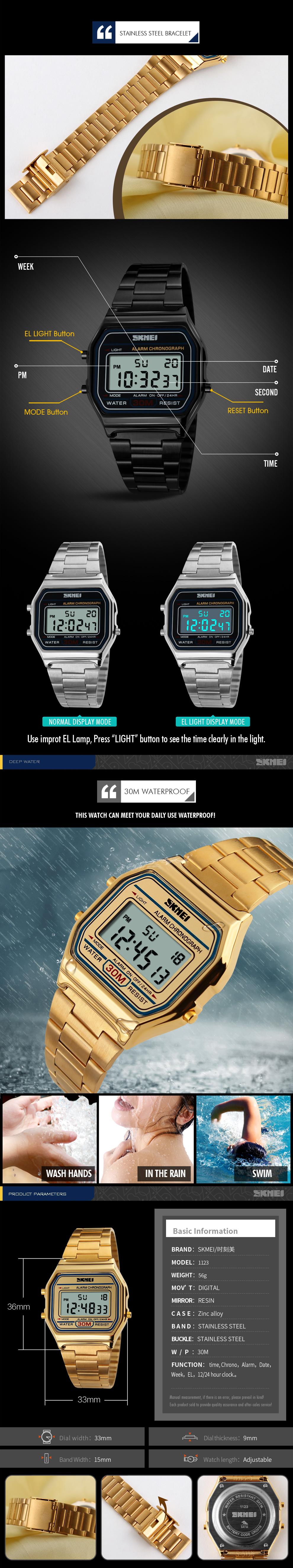 Men's Digital Outdoors Gold Stainless Steel Watch Backlit Multifunction Stopwatch Waterproof Sport watches