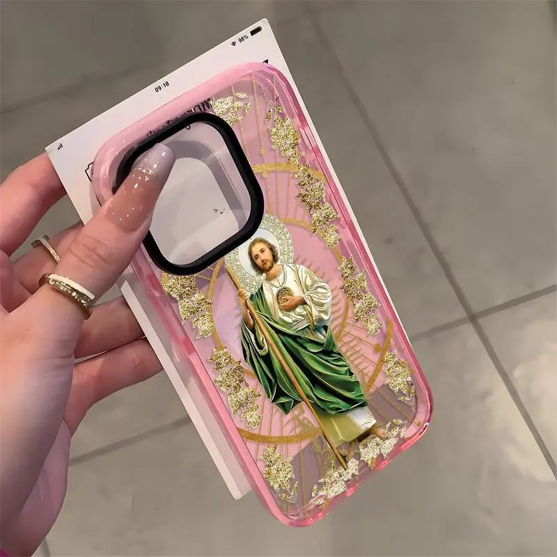 San Judas Tadeo Pattern Phone Case for iPhone 17 16 15 14 Pro Max 13 12 11 Plus Clear Crystal Drop-proof Slim Silicone Shockproof Transparent Protective Cover.QXS675