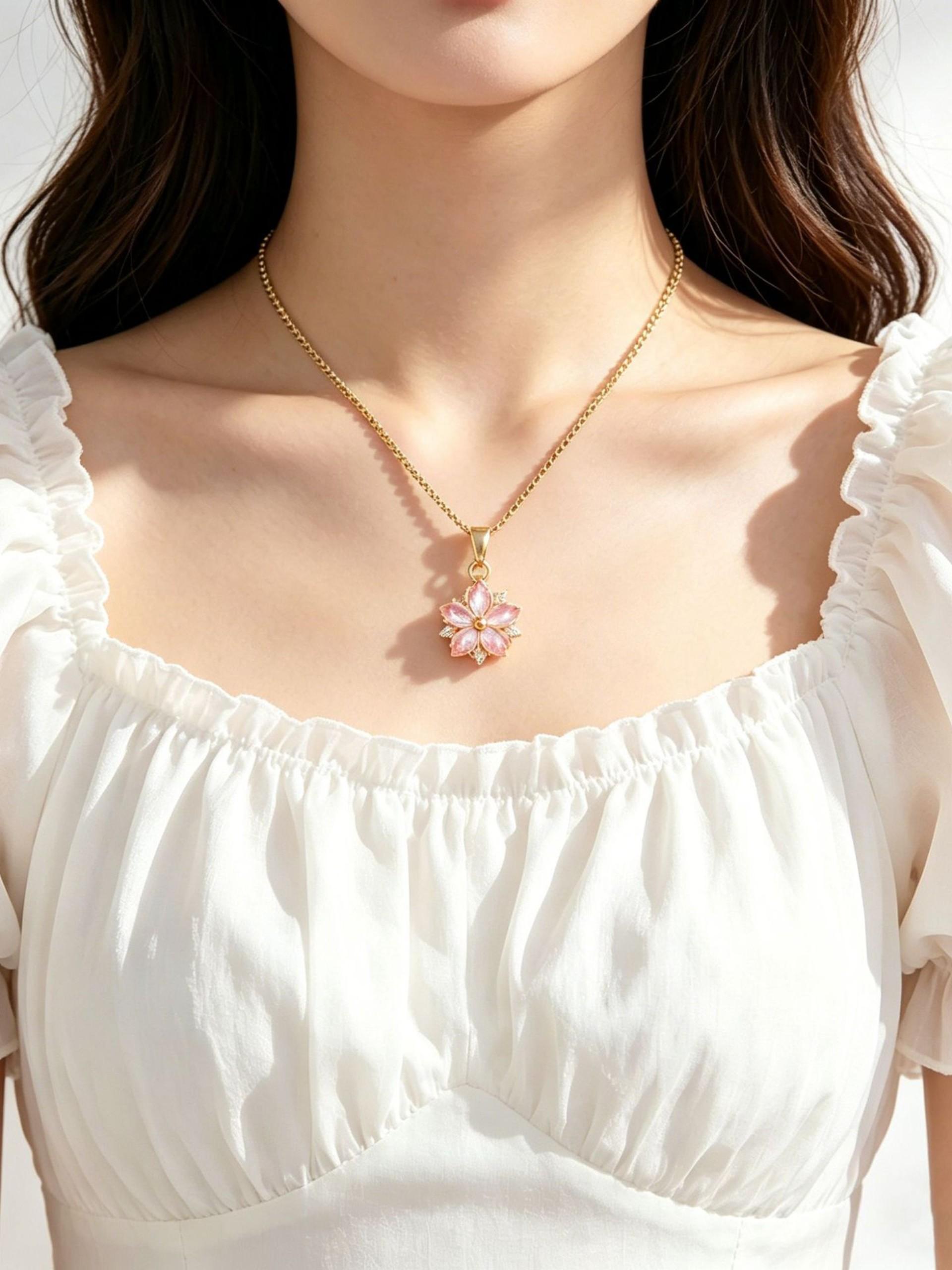 Women's Titanium Steel Necklace, Elegant Heart Pattern, Sweet Cherry Blossom Clavicle Chain, Fade-Resistant, All Seasons
