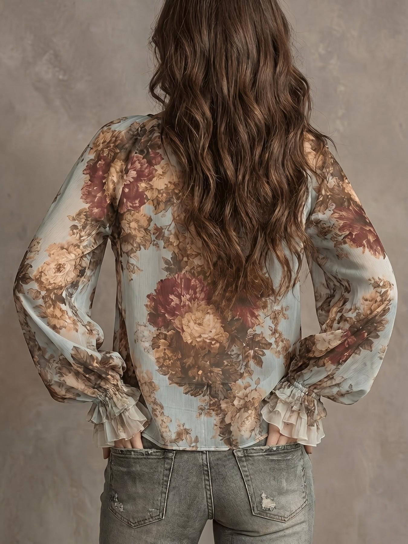 Women's Bohemian Vintage Floral Print V-Neck Bell Sleeve Long Sleeve Chiffon Blouse, Elegant Chic Summer Top, Lightweight & Flowy Design Shirt, Boho Style Shirt for Casual Wear, Boho Sleeve Top