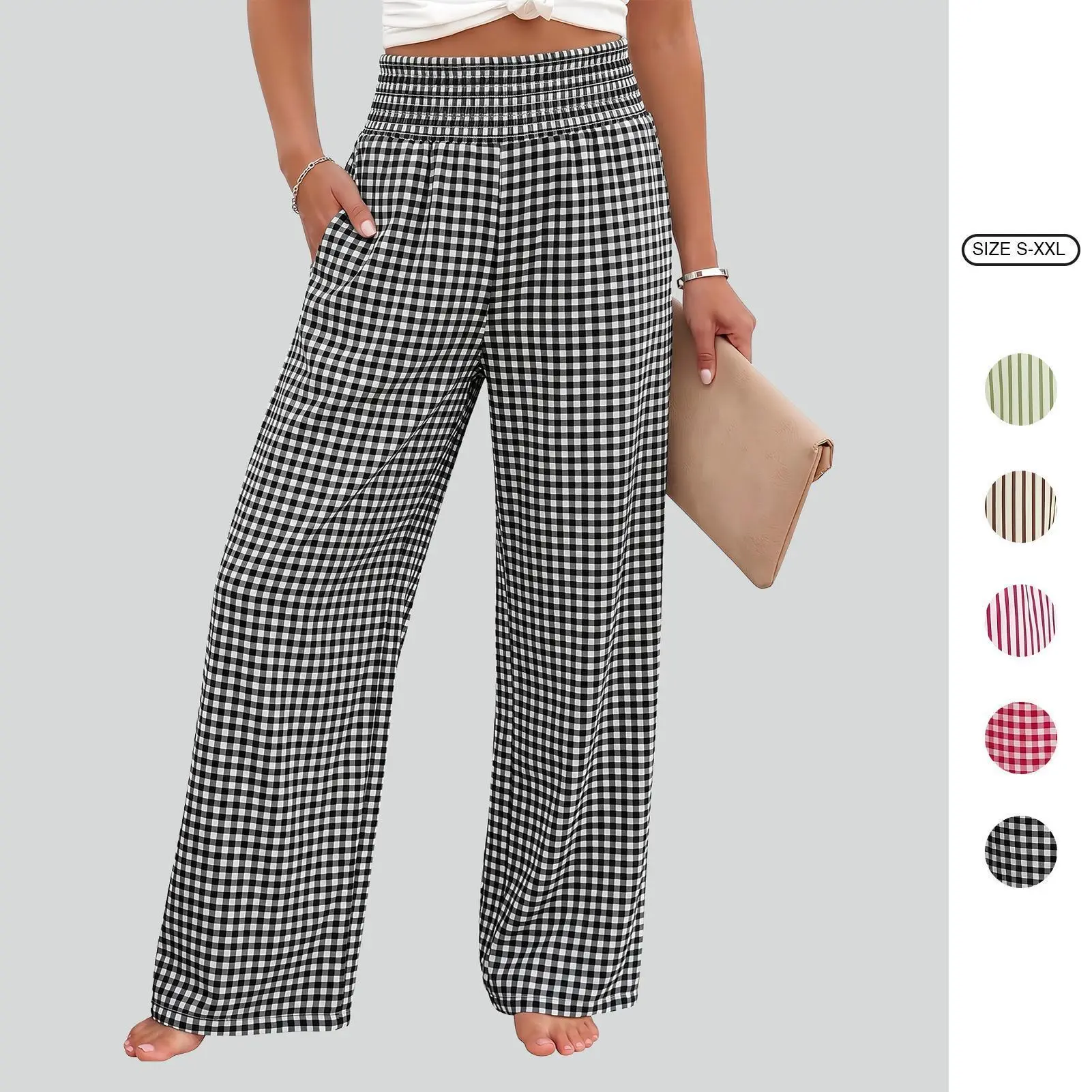 Imily Bela Women's Striped Gingham Wide Leg Pants High Waisted Smocked Casual Flowy Trousers with Pockets