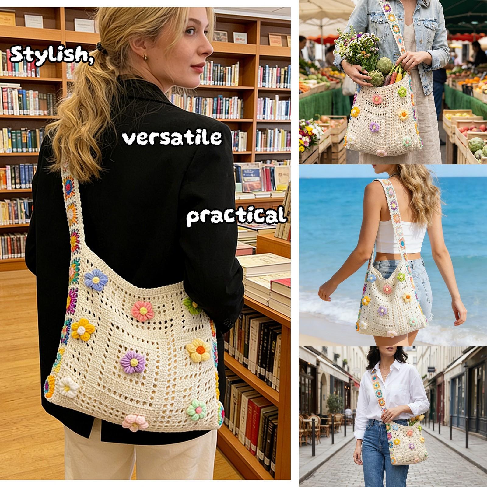Handmade Crochet Hollow Flower Tote Bag, 5 Colors Available, Summer Fresh Weave Shoulder Bag, Beach Vacation Casual Large Capacity Crossbody Bag