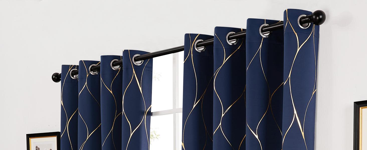 Deconovo Blackout Curtains (2 Panels & Gold Wave Foil Print) - Thermal Insulated,Soundproof Printed Drapes for Living Room, Bedroom, Sliding Glass Door and Office
