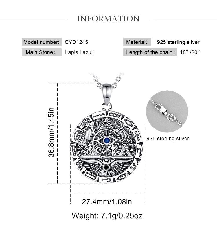 S925 Sterling Silver Mystical Evil Eye Necklace, Egyptian Symbols Pendant With Blue CZ, Eye of Horus Jewelry, Spiritual All-Seeing Eye Amulet