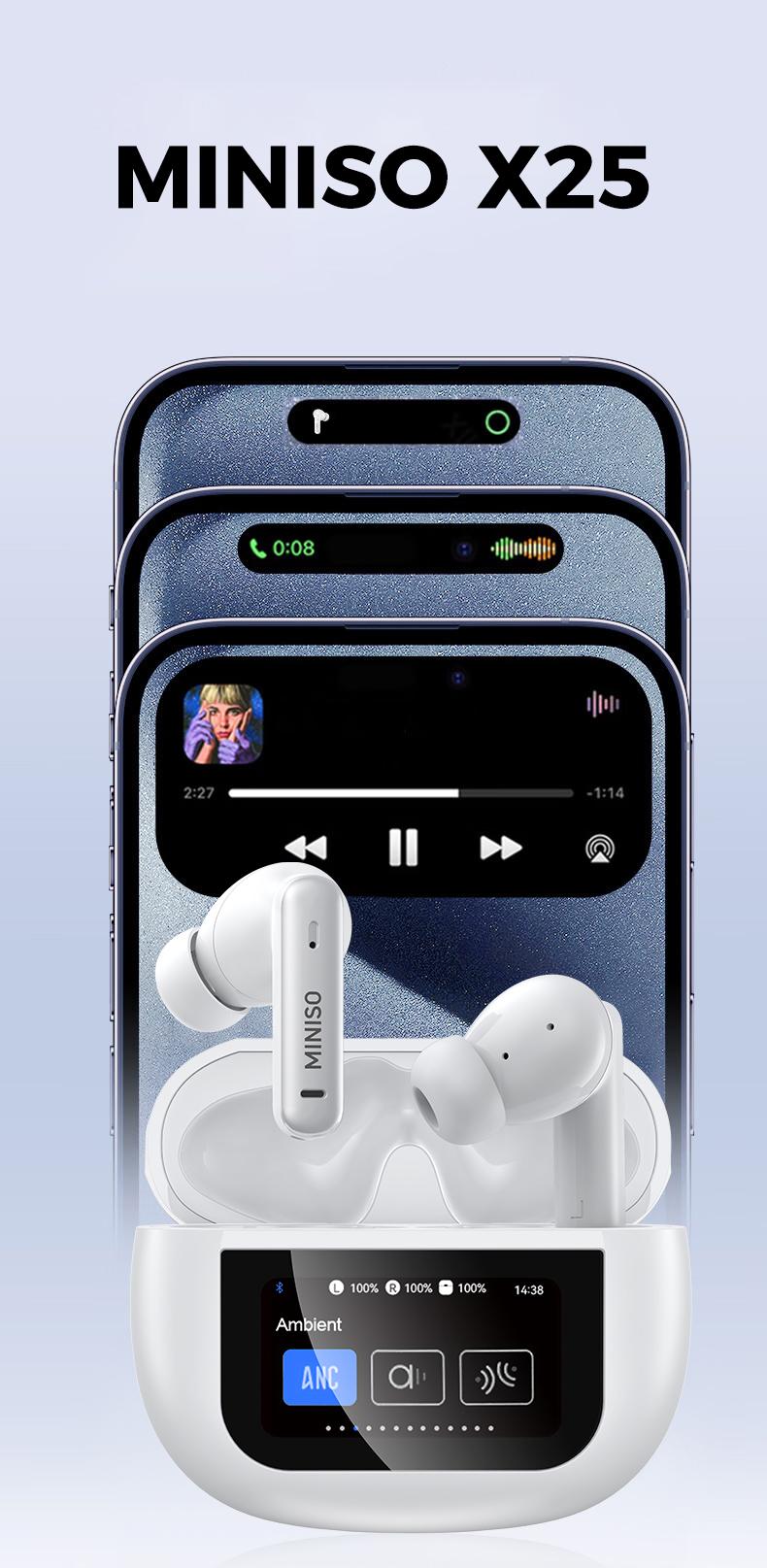 MINISO X25 TWS Bluetooth Headphones,Earbuds with Full Color Display, ANC Noise Cancelling , in-Ear Earphone for iPhone Andriod Sport/Workout/Running Audio MINISO X25 TWS Bluetooth Headphones,Earbuds with Full Color Display, ANC Noise Cancelling , in-Ear Earphone for iPhone Andriod Sport/Workout/Running Audio