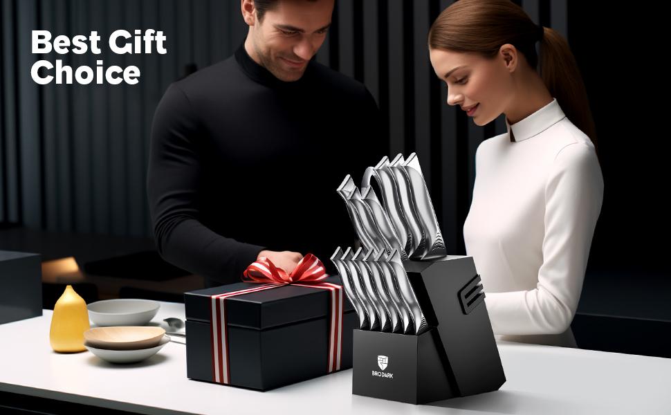 BRODARK Shark Series 15PCS Kitchen Knife Set with Block, Dishwasher Safe Knives Set for Kitchen NSF Certified German Stainless Steel Kitchen cooking Knives Built-in Sharpener High Carbon Professional Chef Knife Steak meat boning gifts for men Outdoorfun