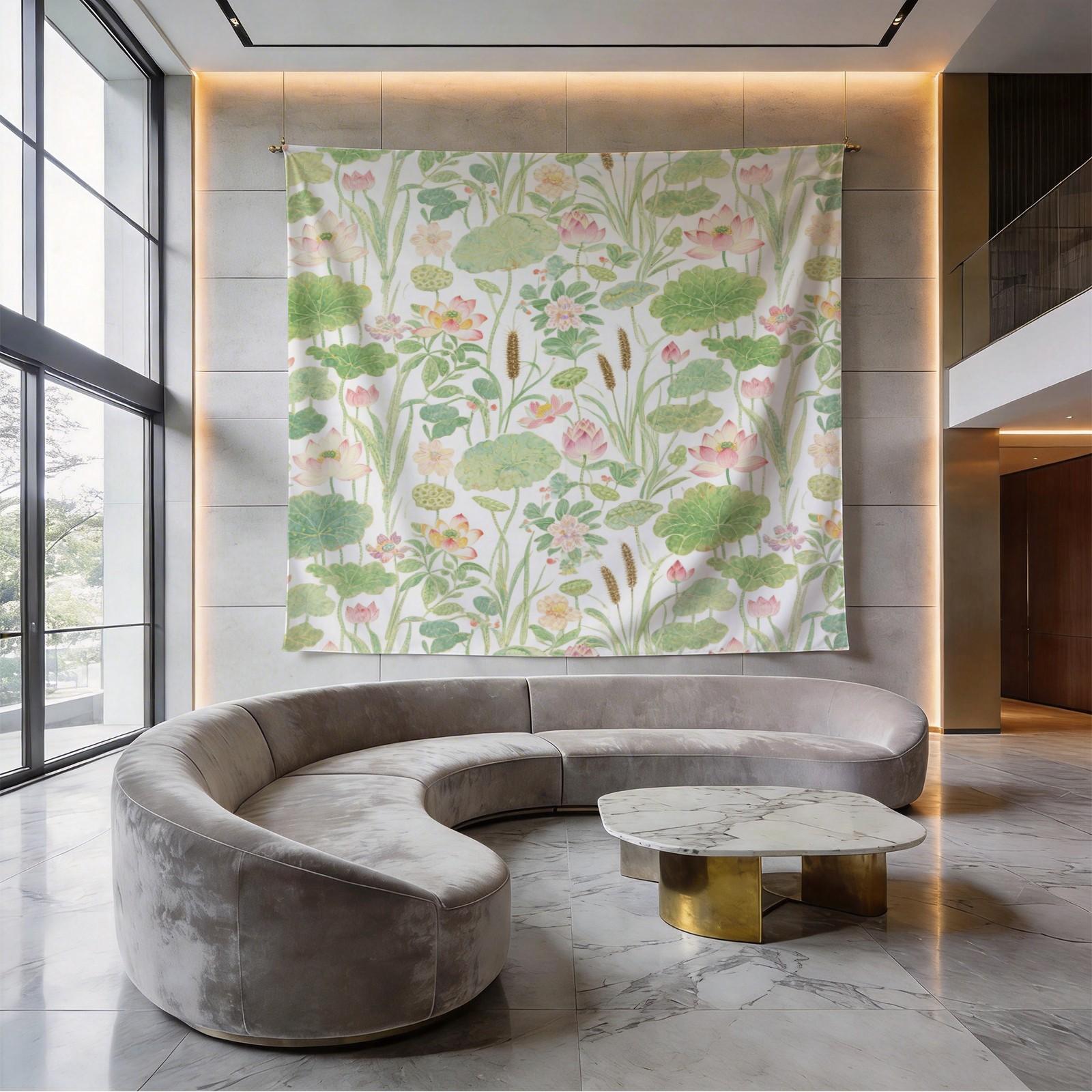 1 Piece Watercolor Lotus Pond Tapestry, HD Digital Printed Wall Hanging Tapestries, Aesthetic Boho Tapestry, Easy to Install for Living Room Bedroom Dorm Home Decor