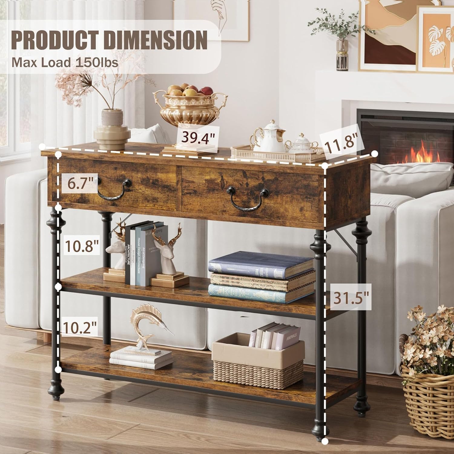 Multifunctional Entryway Table with 2 Drawers & Storage Shelves | Rustic Console Table for Living Room, Hallway & Sofa Area | Versatile Console Tables for Entryway & Home Decor