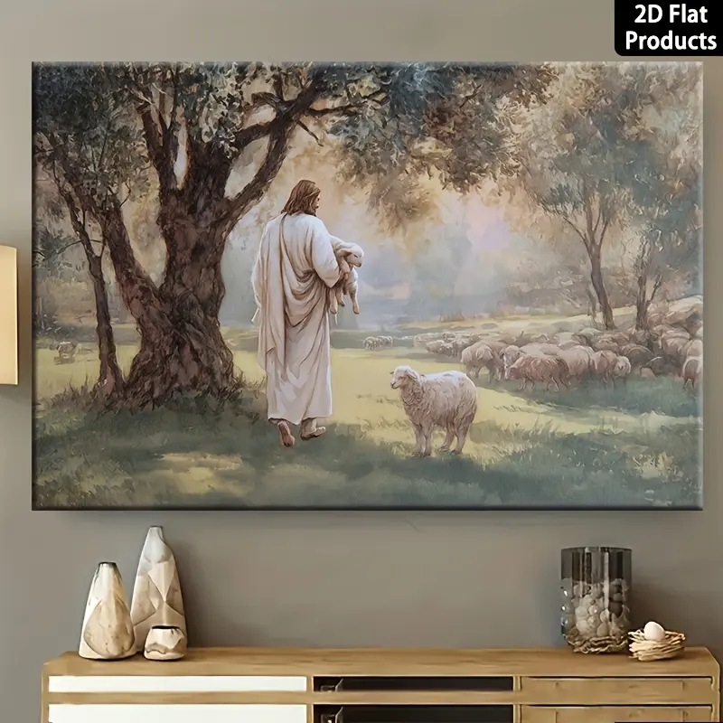 Jesus The Good Shepherd Canvas Wall Art - Serene Vintage Christian Picture Printed Framed Poster for Living Room Bedroom Decor