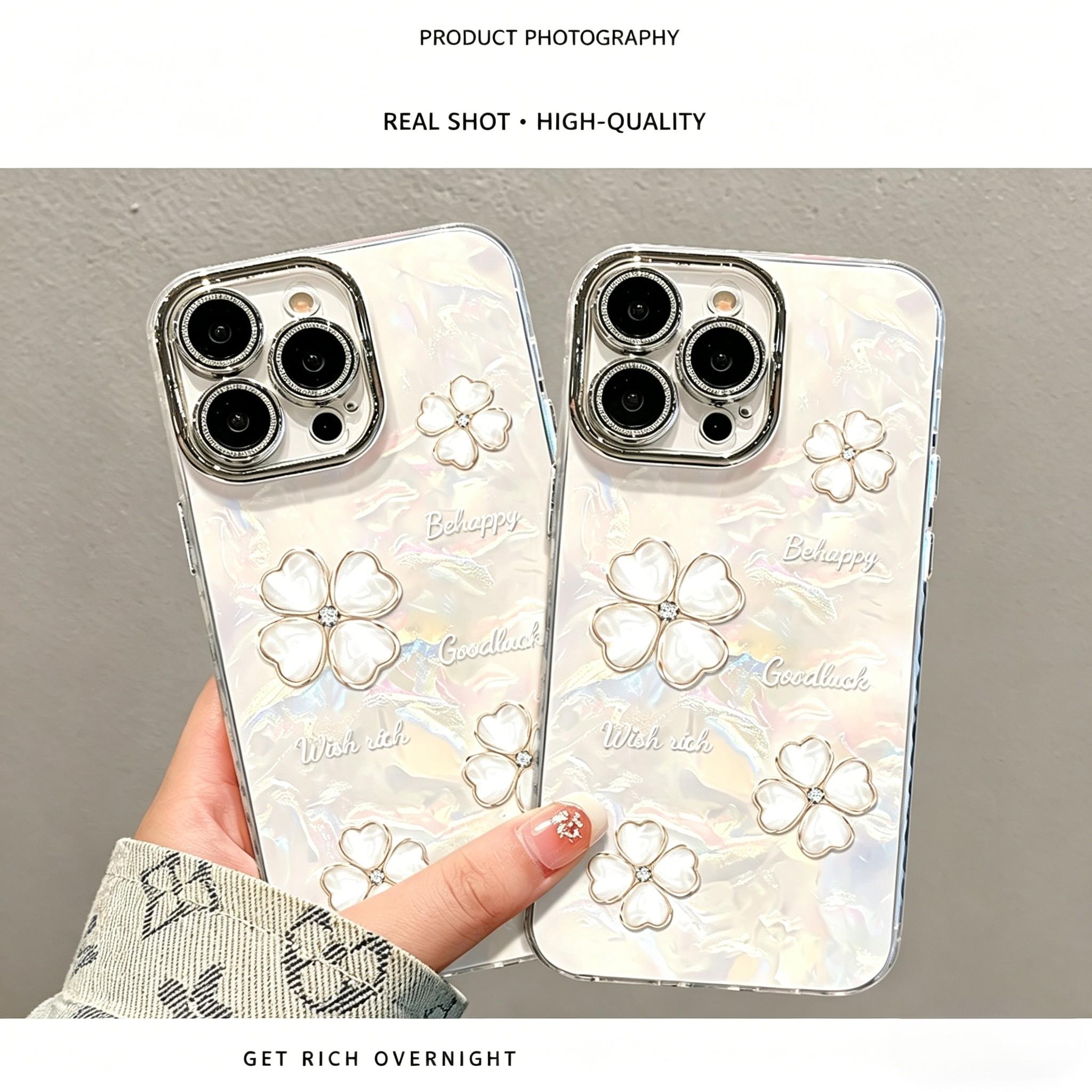 Elegant Pearl Chain Phone Case for iPhone 17 Series, 4 Leaf Clover Glitter Acrylic Cover, Luxury Aesthetic Shockproof Case for Women Girls