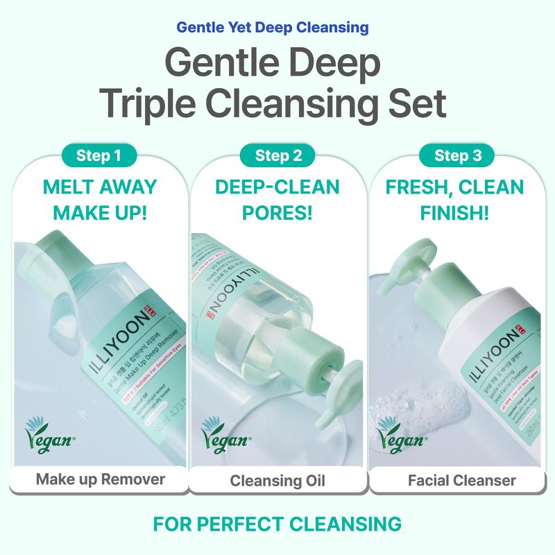 ILLIYOON Gentle Deep Triple Cleansing Set | Highly Effective Cleansing, Low-Irritation, Eye-Safe Formula, Pore Health Care, Hydrating Finish, Vegan Certified, Clean Beauty Standard (21.63 fl.oz.) ILLIYOON Gentle Deep Triple Cleansing Set | Highly Effective Cleansing, Low-Irritation, Eye-Safe Formula, Pore Health Care, Hydrating Finish, Vegan Certified, Clean Beauty Standard (21.63 fl.oz.)