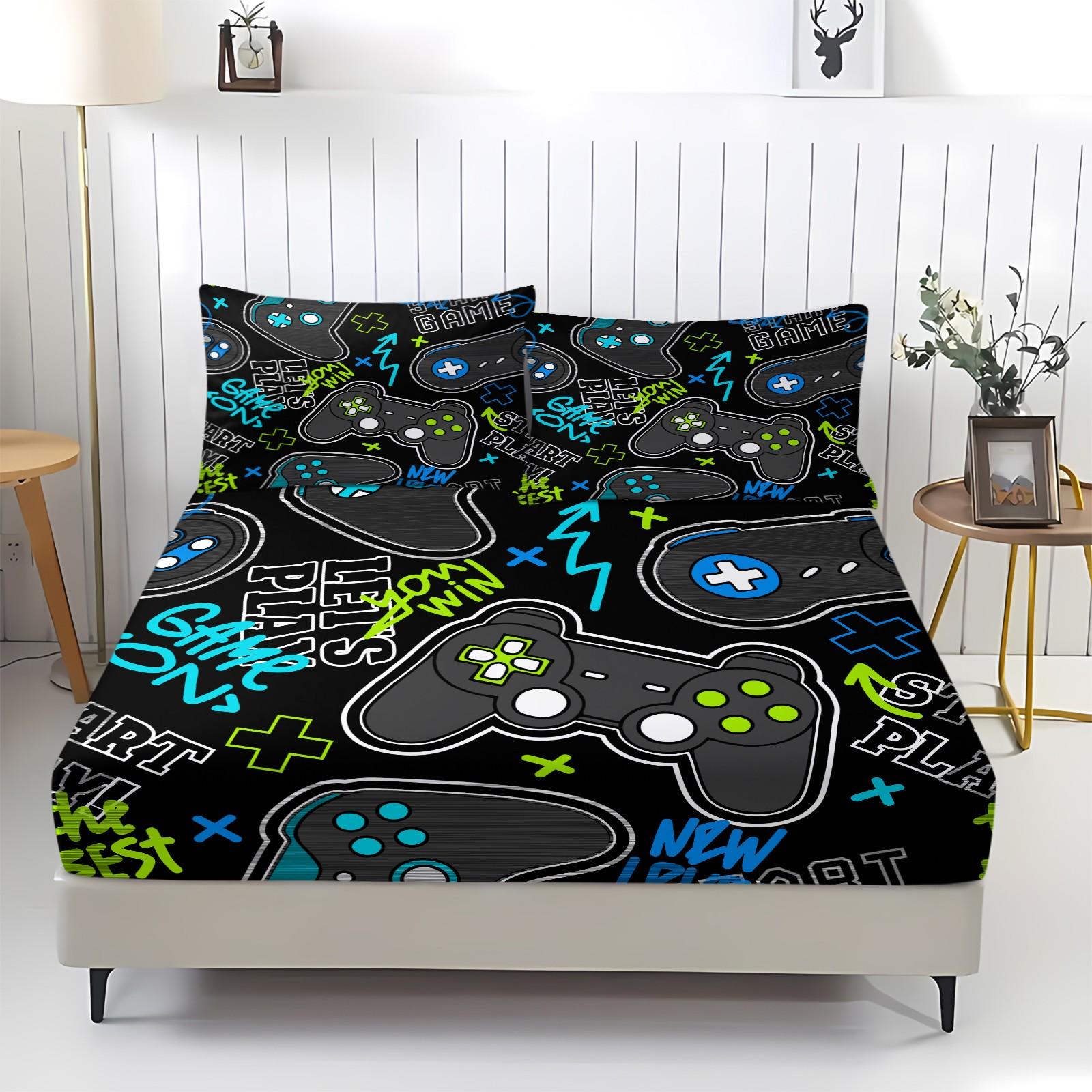 3 Piece Gamer Fitted Sheet Set, 1 Fitted Sheet + 2 Pillowcases, Cool Game Controller Bedding for Boys Teens Gamers, Gaming Room Decor for Kids Bedroom Dorm, Ideal Gift for Video Game Lovers