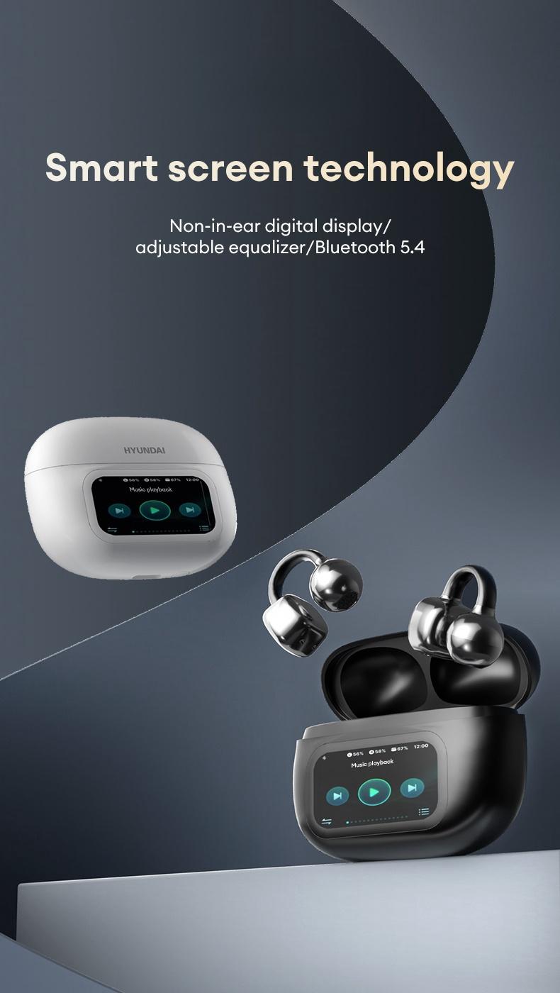 HYUNDAI C02 Clip On Ear Headphones with LCD Full Color Touch Screen, Audio Wireless Headphones for Music & Phone Calls, Compatible with Android & iOS