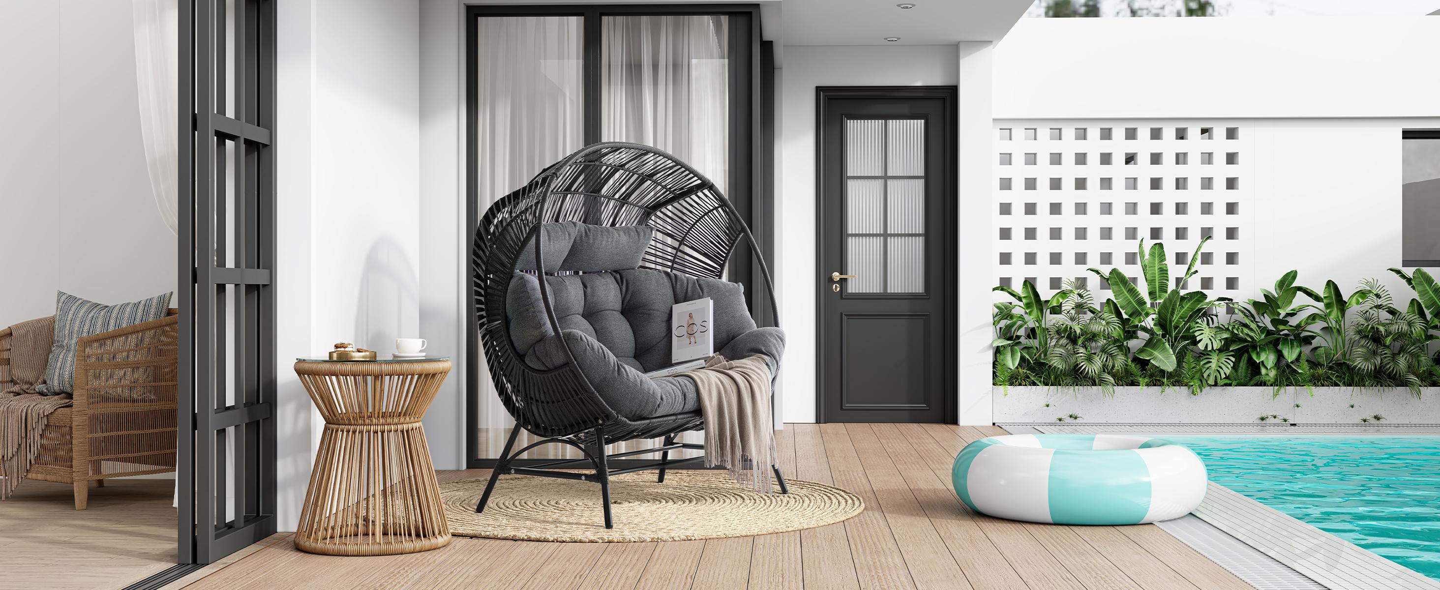 IRONCK Wicker Outdoor Egg Chair with Ottoman, Patio Lounge Chair with Footrest, Thickened Padded Cushion and Headrest, Egg Seat for Patio, Living Room, Garden, Balcony, Dark Gray