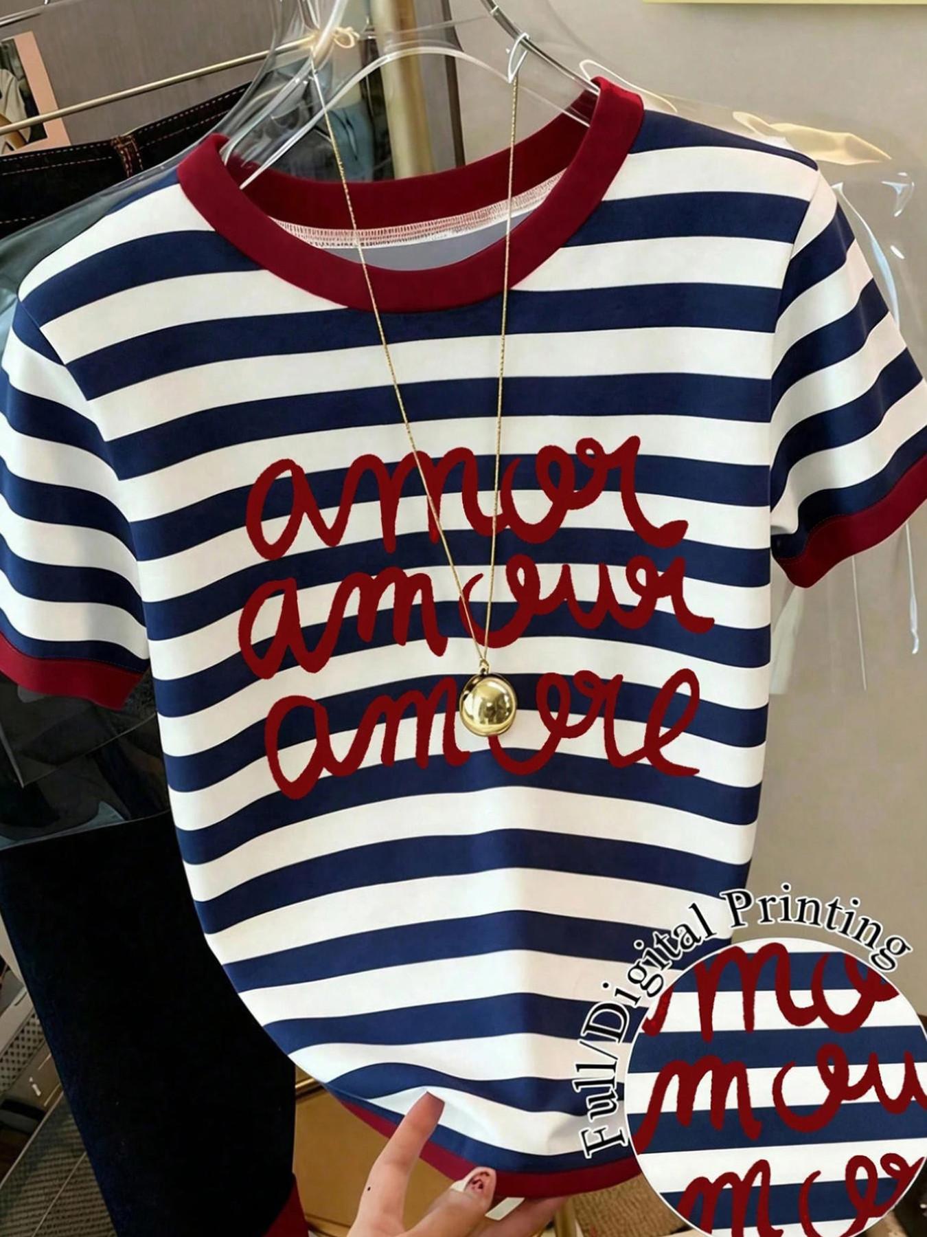 New Summer-Autumn Women's Short Sleeve T-Shirt, Blue- Striped Knit Top, Loose Fit Digital Print, Versatile Outerwear