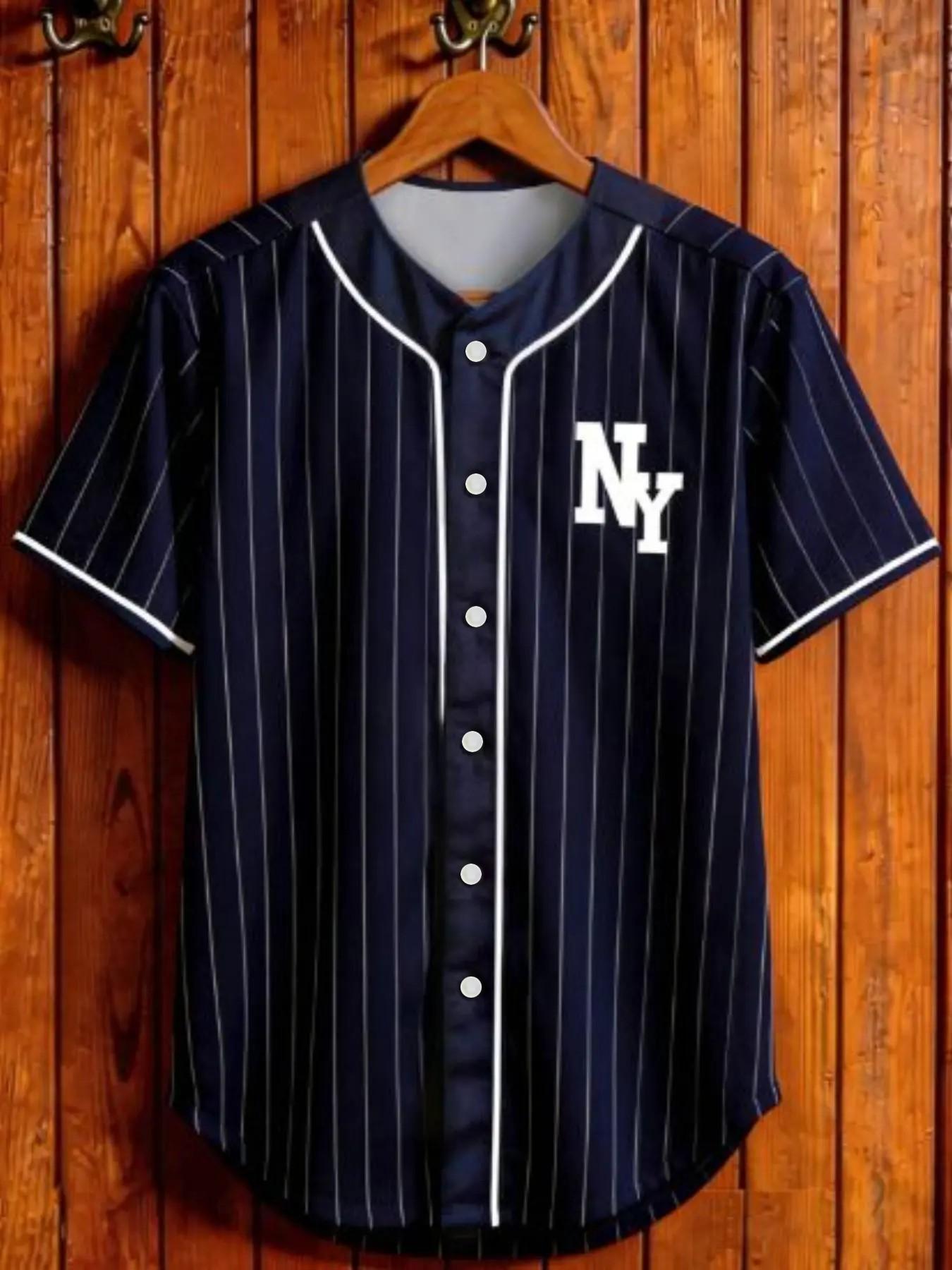 Aesthetic Style Men's New York Sporty All-Over Print Button-Up Baseball Shirt, Casual Striped Knit Fabric, Ideal for Outdoor Activities, Casual Sporty Top