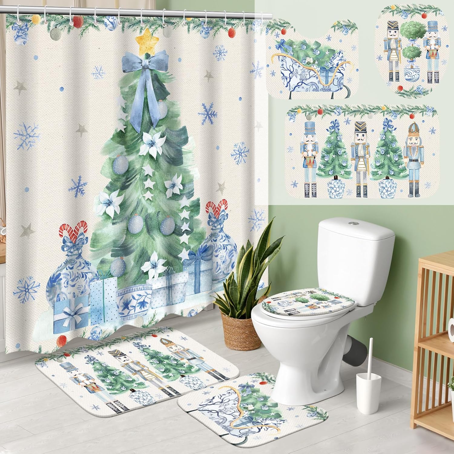 4 Pcs Christmas Shower Curtains Set with Non Slip Rug Winter Christmas Bathroom Decor Toilet Lid Cover and Bath Mat Snowman Shower Curtain with 12 Hooks for Xmas Bathroom Decor