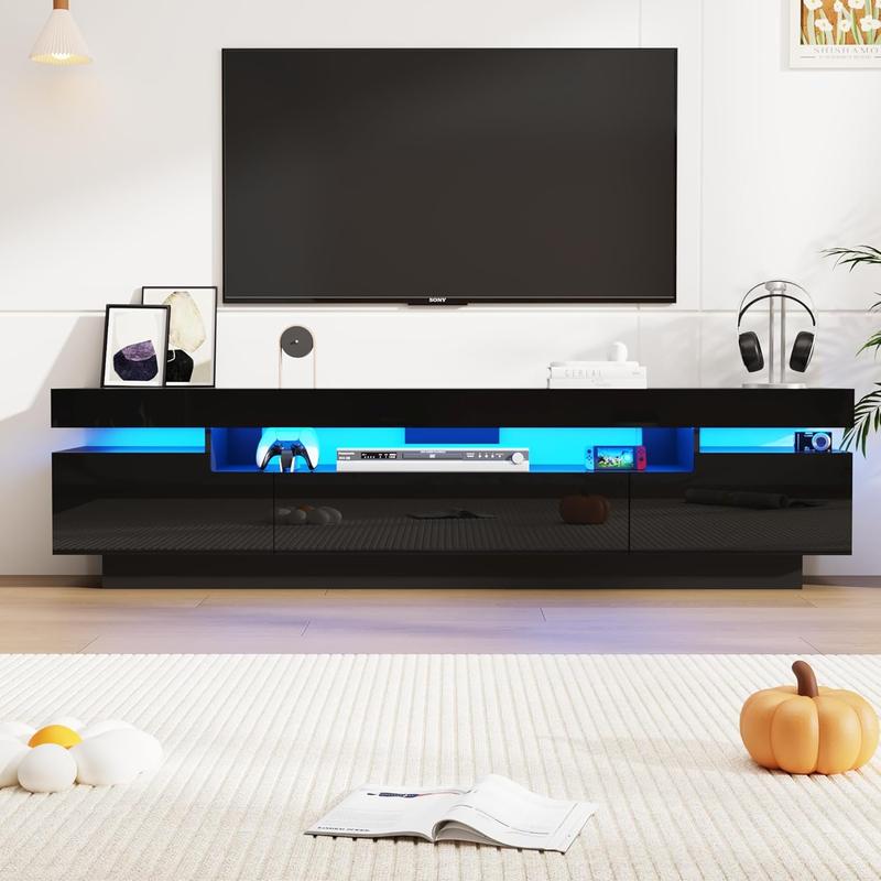 70IN White TV Stand for 75/80 inch TV,Modern LED TV Stand for Living Room,High Gloss Entertainment Center with Storage Drawer,APP RGB Light,TV Console,Television Stands (Marbling/Black)