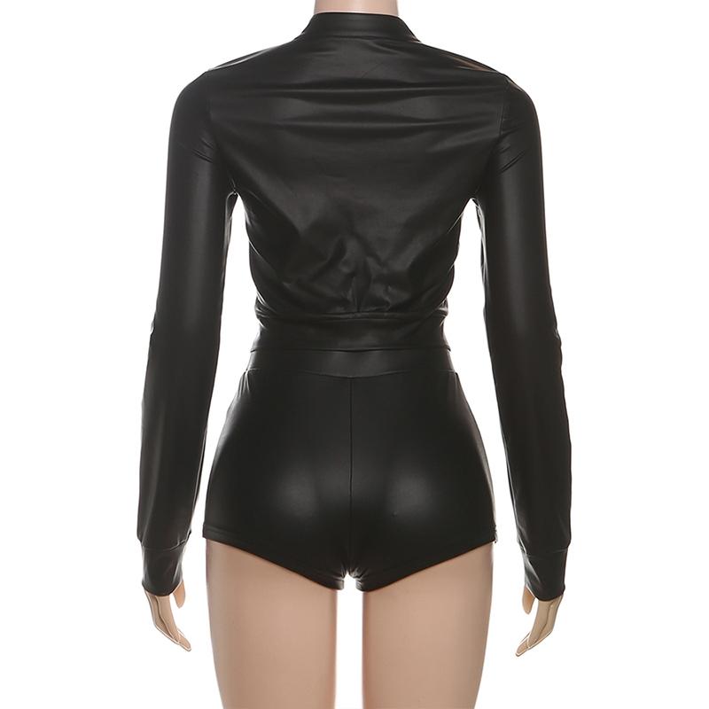 DOUCIU Classic Retro Matte Tight Sexy Hot Street Personality Cool Versatile Bar Party Women'S Thin Solid Color Zipper Long-Sleeved Top Shorts Two-Piece Set Womenswear