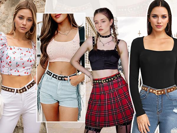 JASGOOD Women Fashion Leather Belt Punk Leather Belt Women Studded Belt for Jeans Pants Dresses