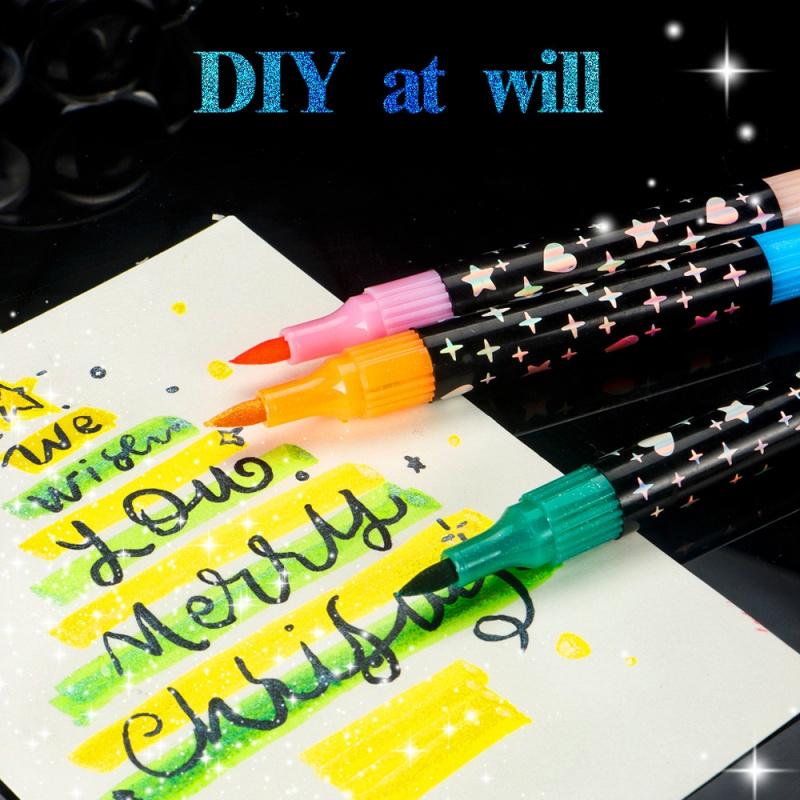 24/48/72/96 Colors Glitter Effect Brush Markers,Dual Tip Dual Color 1-5mm Soft Brush Shimmer Marker for Doodle Writing, Glitter Art Crafts Adults DIY Crafts Greeting Christmas Cards Making Art Supplies, Art Drawing Supplies