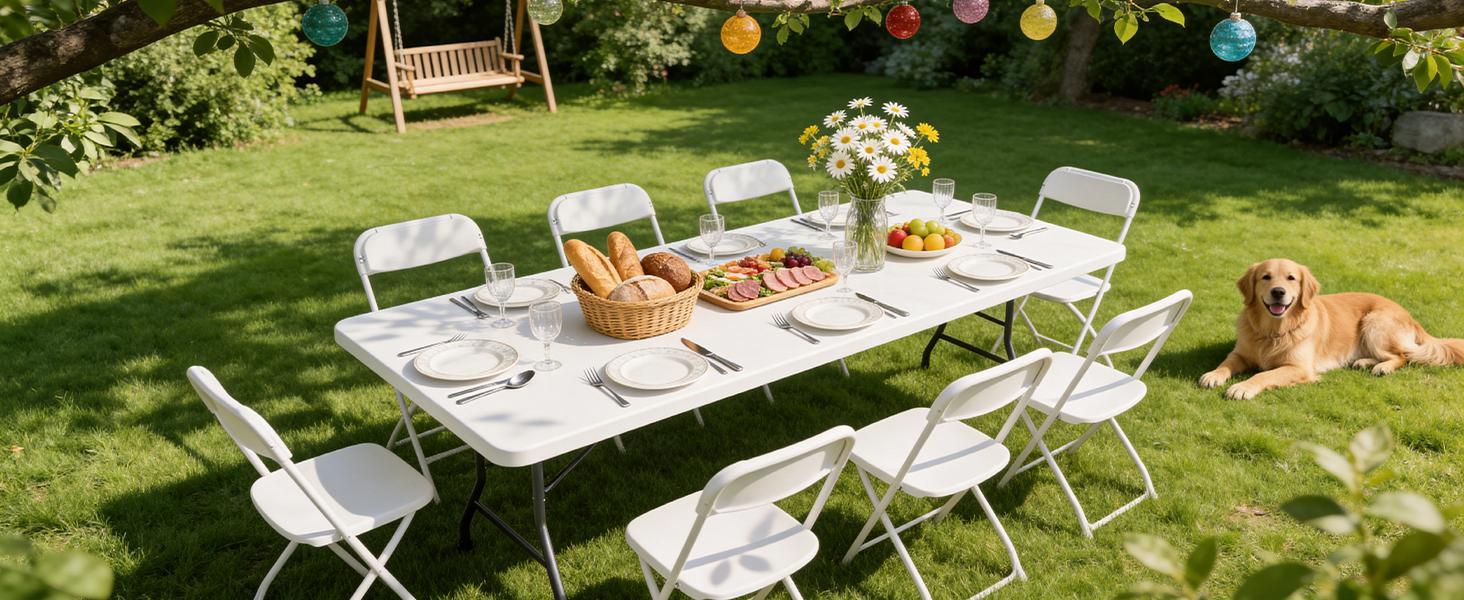 6FT / 36in Folding Table and Chairs Set for 4, Heavy Duty Fold-in-Half Plastic Dining Table with Carry Handle & 4 / 6 / 8 Folding Chairs, Portable Indoor Outdoor Table Set for Party, Camping, BBQ
