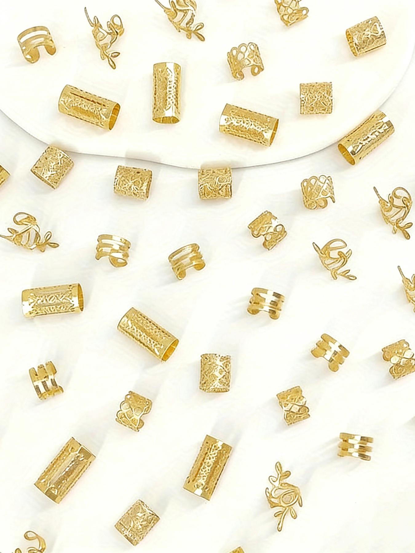 50 Pcs Boho Style Hair Rings Set, Vintage Alloy Hair Bands, Hollow Round Women's Headwear, Elegant Solid Color Braided Hair Accessories