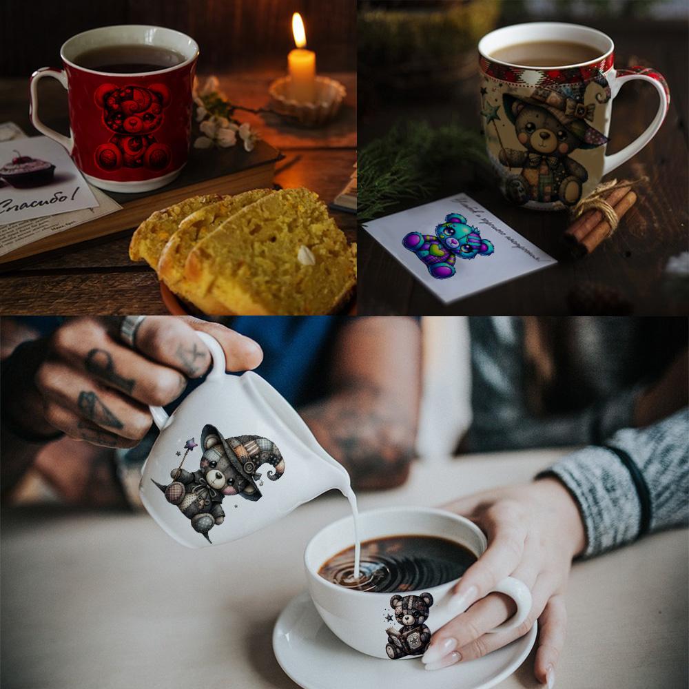 8-Piece Set, 4 Designs X 2 Pieces, 16 Oz UV DTF Crafts Cup Stickers, Bear Pattern 3D Decals, Durable Mixed Color Transfer Material
