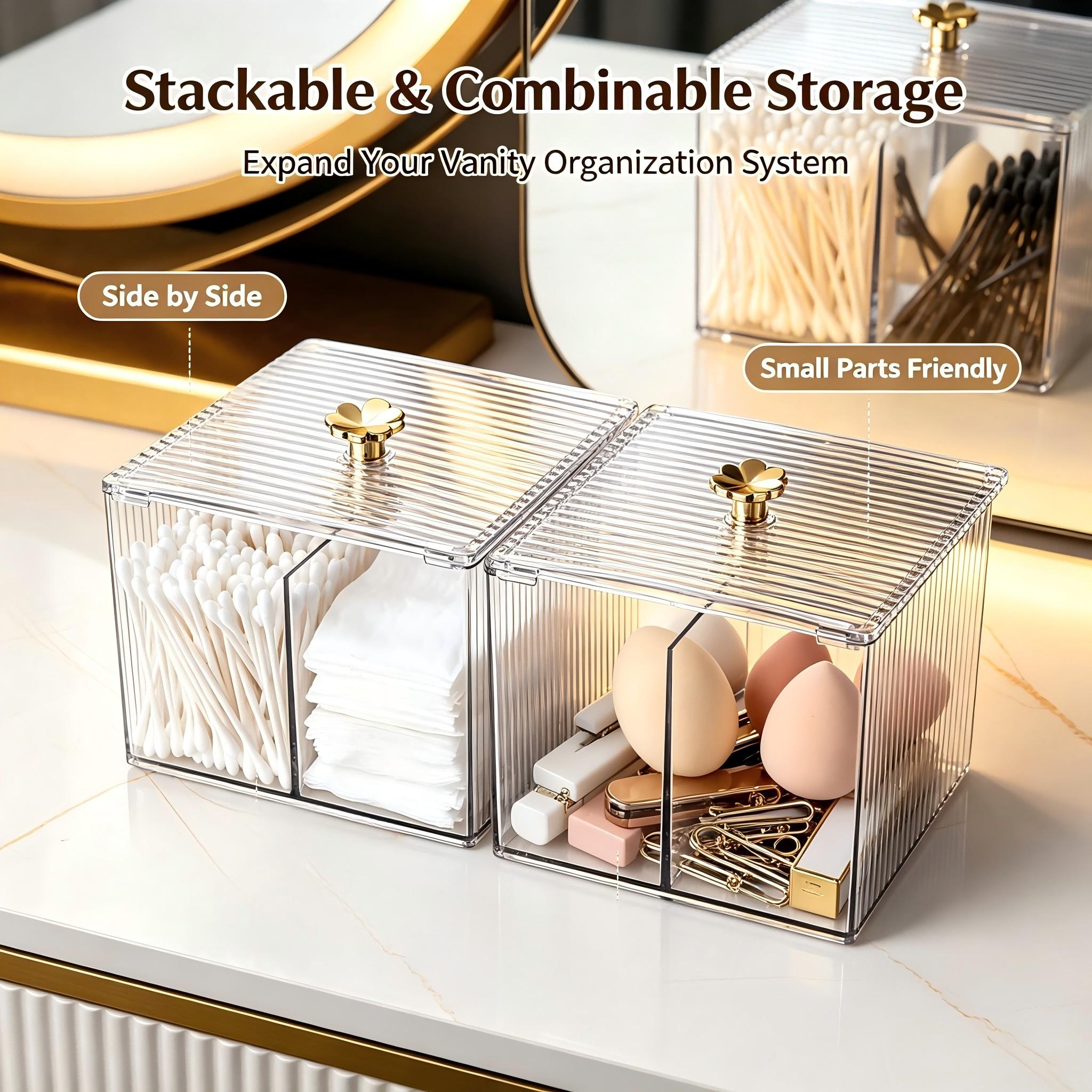 Clear Acrylic Makeup Organizer, 2‑Compartment Dustproof Vanity Storage Box with Lid, Ribbed Cosmetic Container with Lucky Clover Gold Knob for Cotton Pads, Q‑tips & Small Beauty Tools