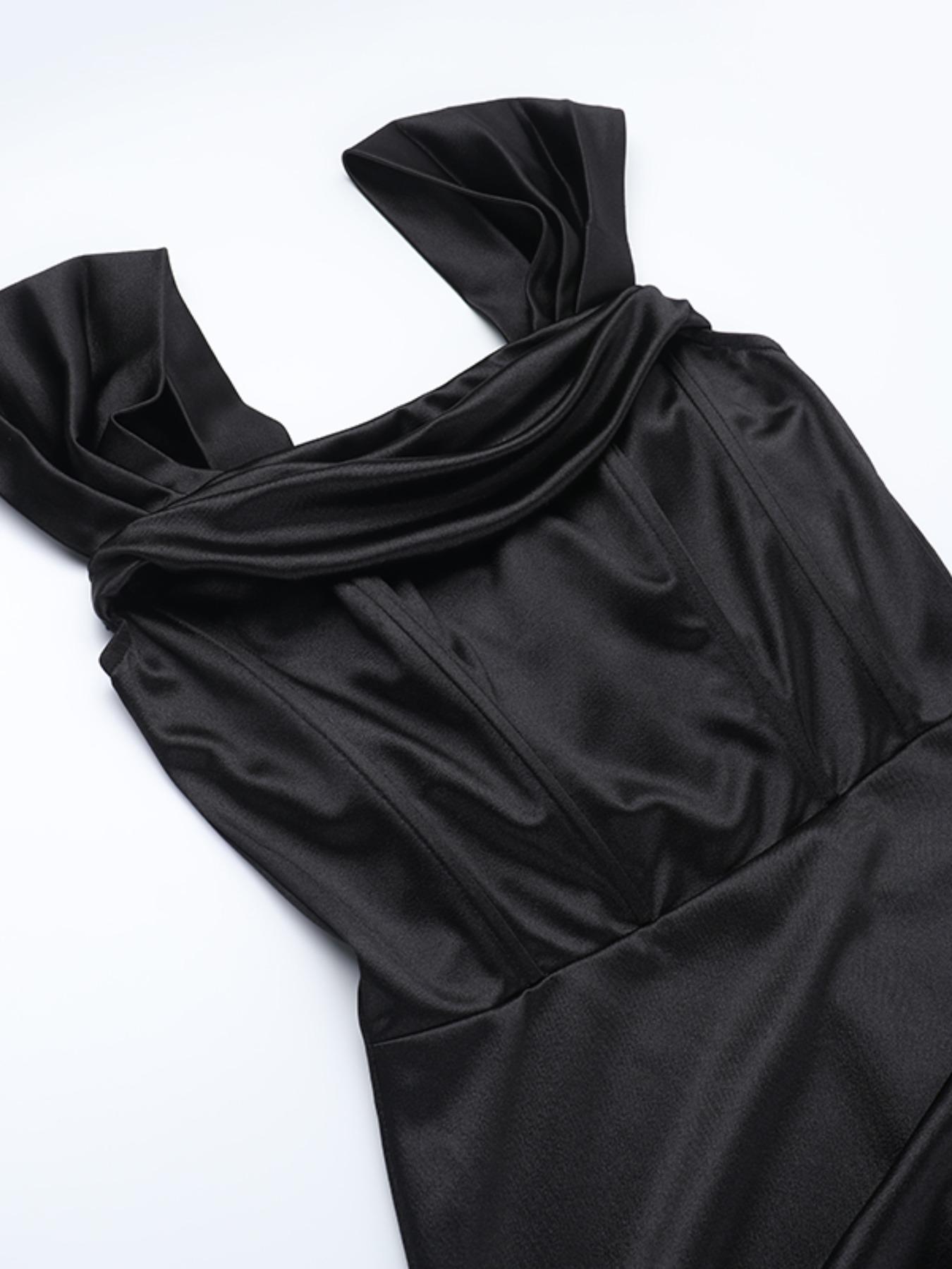 Elegant Satin Dress with Drop Shoulder Design, Waist Cinching & Split Thigh Detailing, Perfect for Special Occasions, Aesthetic