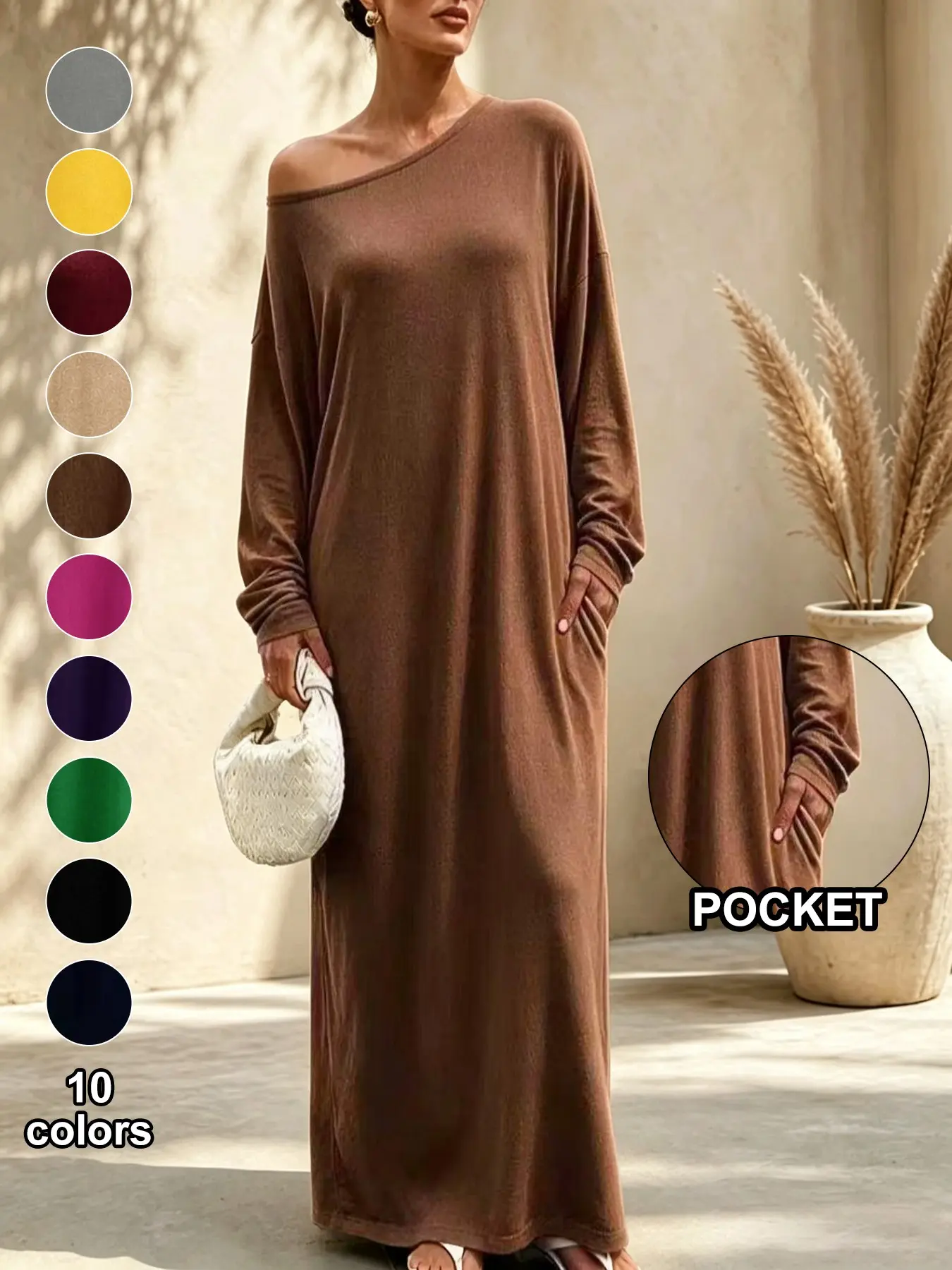 Women's New Loose Asymmetrical Neckline Long Sleeves Dress, Elegant Solid Color Casual Street Style, Minimalist Fall Fashion Long Dress