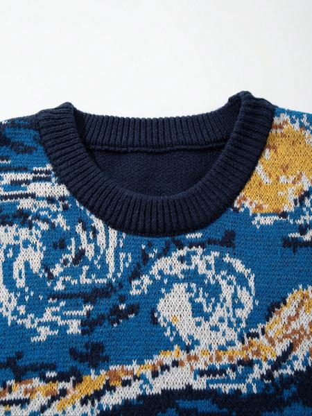 Men's Autumn Winter Casual Loose Fit Van Gogh Sunflower Starry Night Pattern Vintage Knit Long Sleeve Round Neck Pullover Sweater