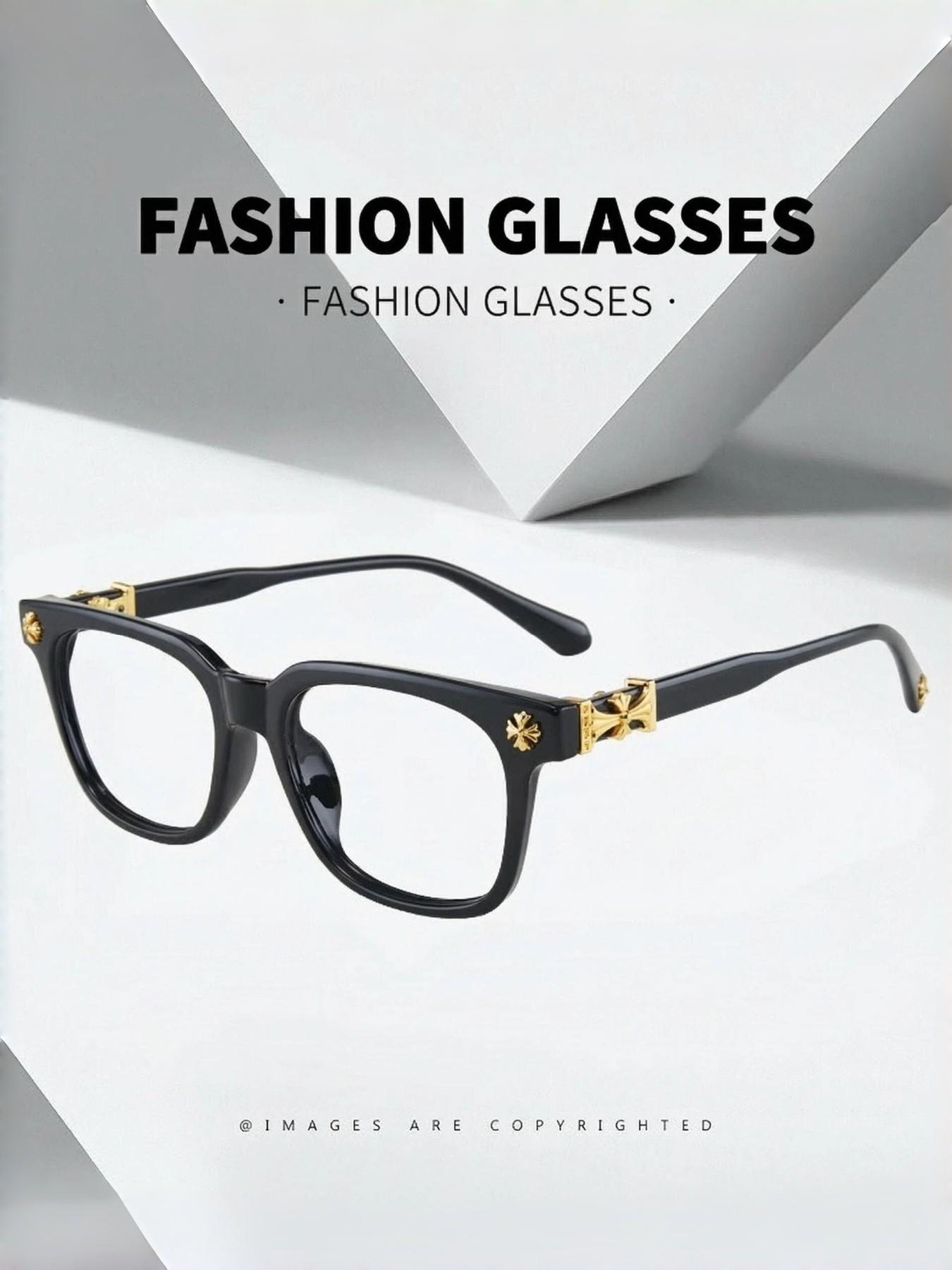 Classic Square Frame Sunglasses, Unisex Casual Optical Glasses, Random Print Decorative Lenses, All Seasons Travel Fashion Eyewear