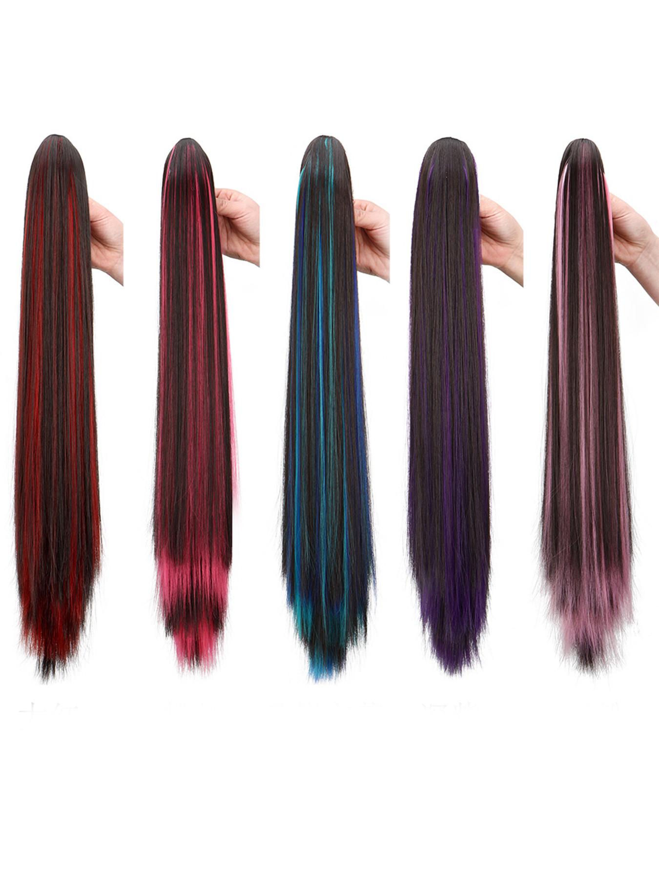 24inch Claw Clip In Synthetic Straight Ponytail Hair Extensions, Synthetic Ponytails - Pre-Bleached Multicolor Highlights (Blue/Green), Clip-On Hairpiece for Instant Volume & Highlights, Easy Application for Parties, Synthetic Fiber Extensions