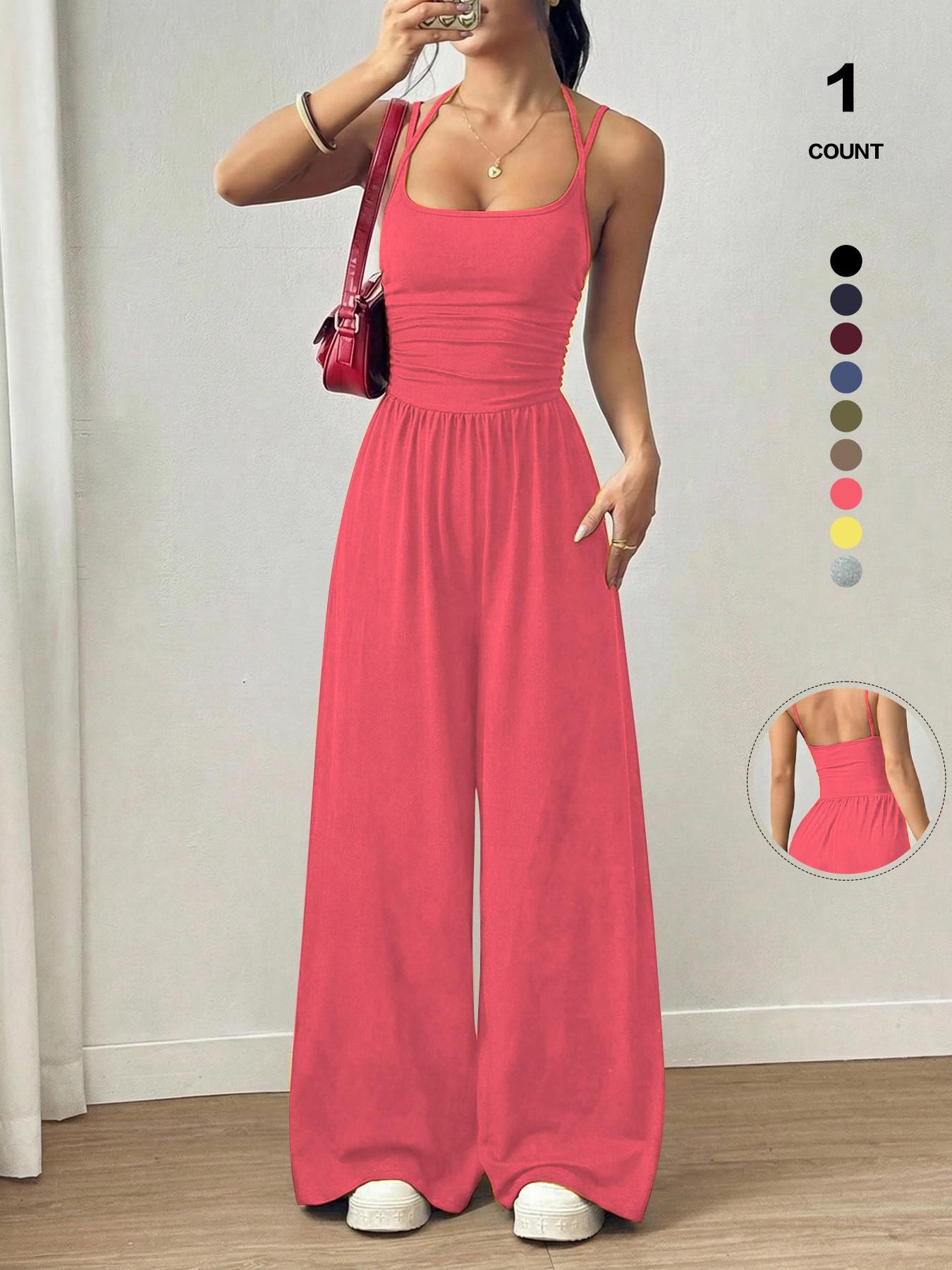 Women's Sexy Backless Jumpsuit, Spaghetti Strap Design, Smocked Bodice, Elegant One-Piece Romper, Ideal for Party Wear