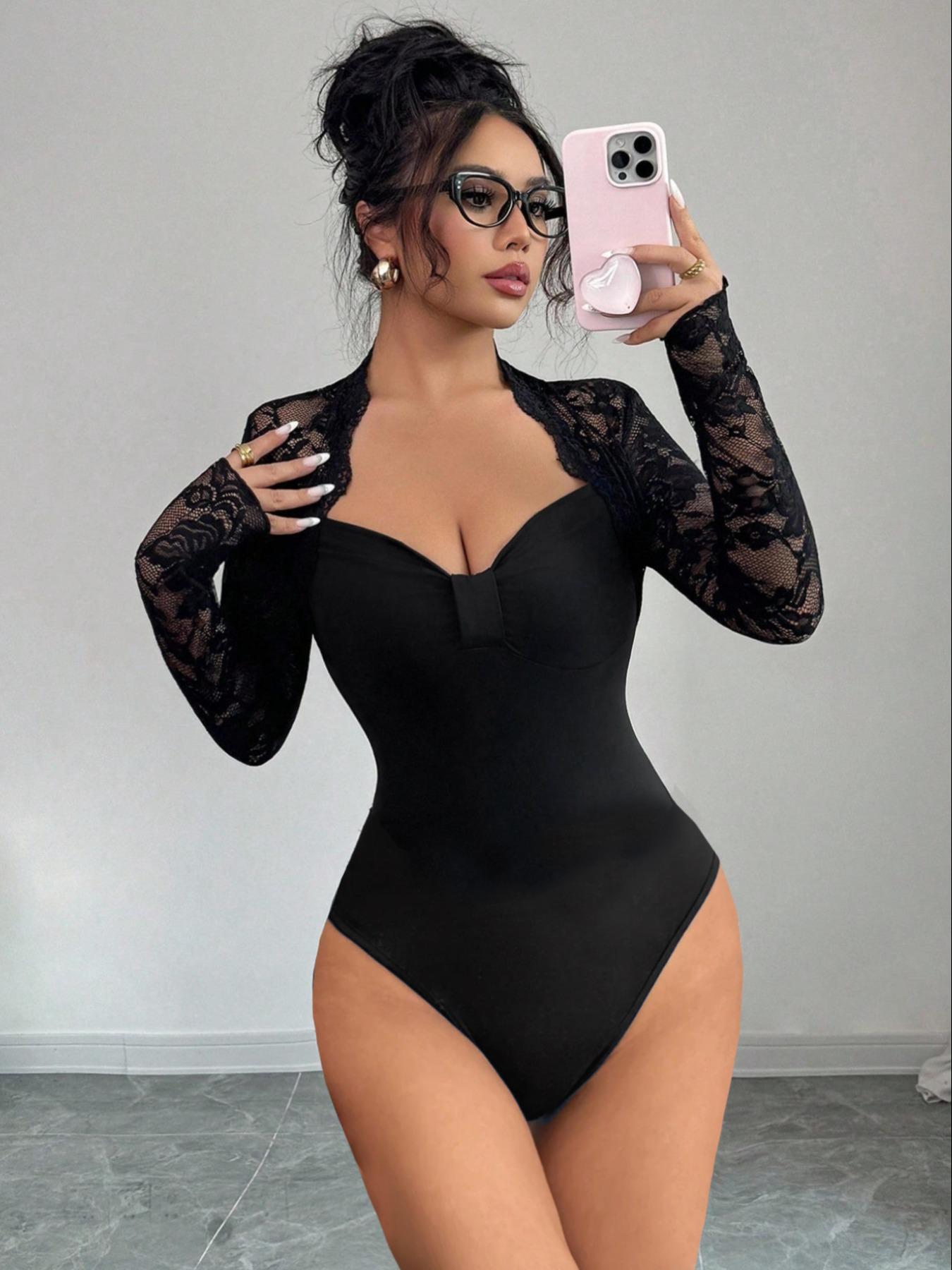 Women's Fall Winter Fashion Design Big V-Neck Solid Color Long Sleeve Jumpsuit, Lace Patchwork, Versatile Stylish One-Piece