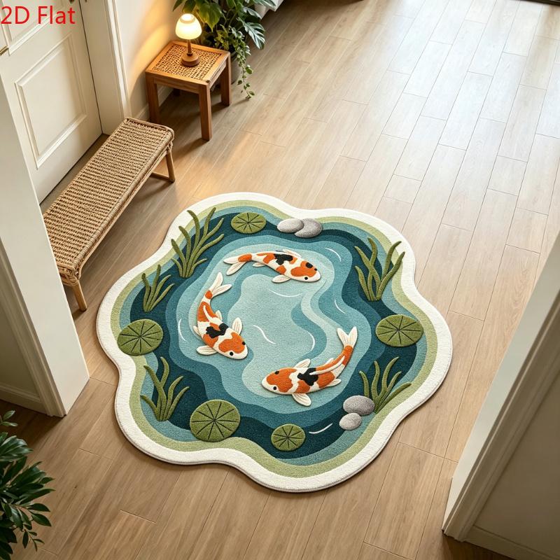 Koi & Lotus Pond Pattern Plush Area Rug, Home Decor Rugs, Decorative Rug, Special-Shaped Non-Slip Washable Floor Mat for Bedside, Sofa and Coffee Table, Bedroom Rugs