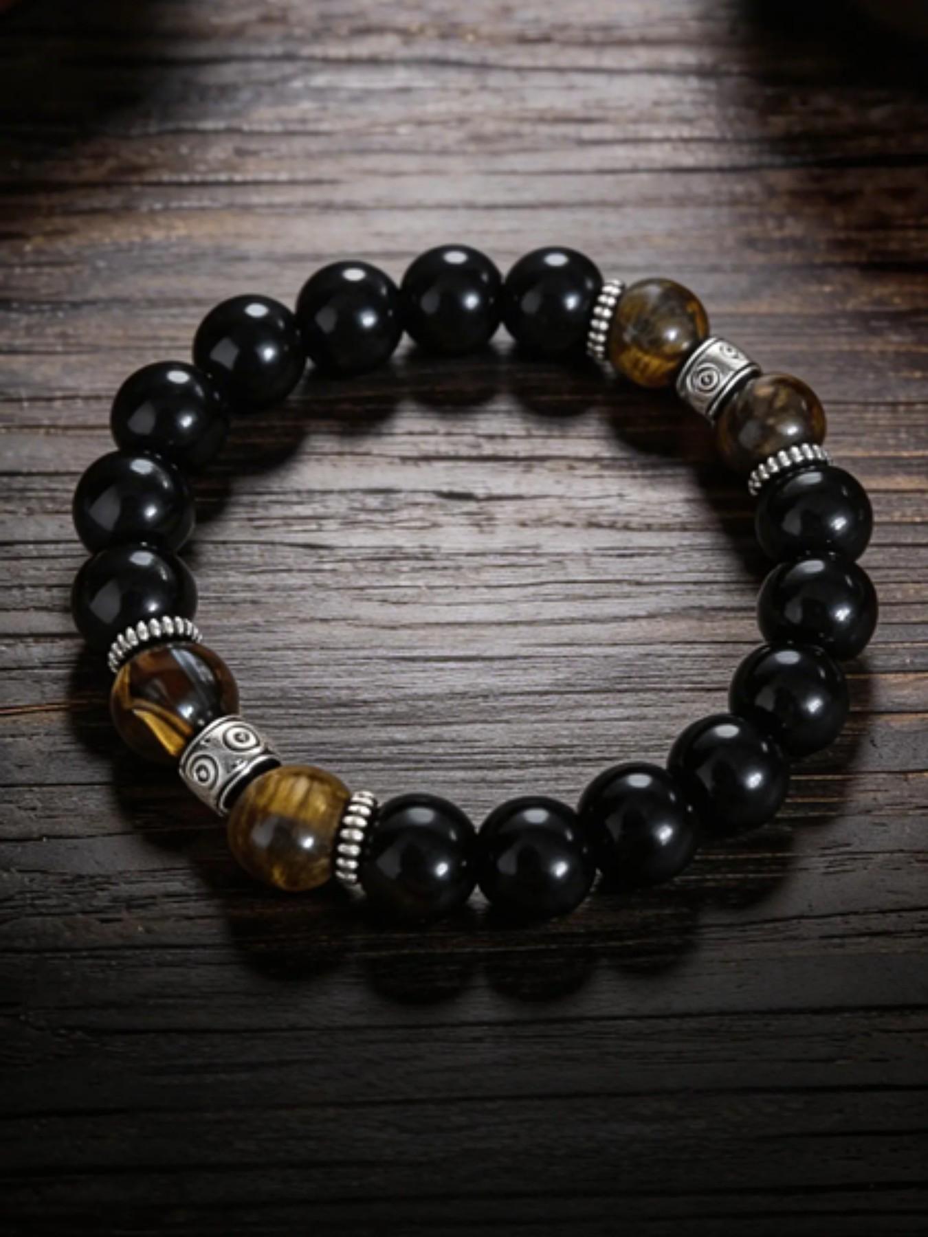 Men's Natural Tiger Eye & Obsidian Bracelet, Silver Color Plated, Handmade Premium Healing Stone, Gift Box Included