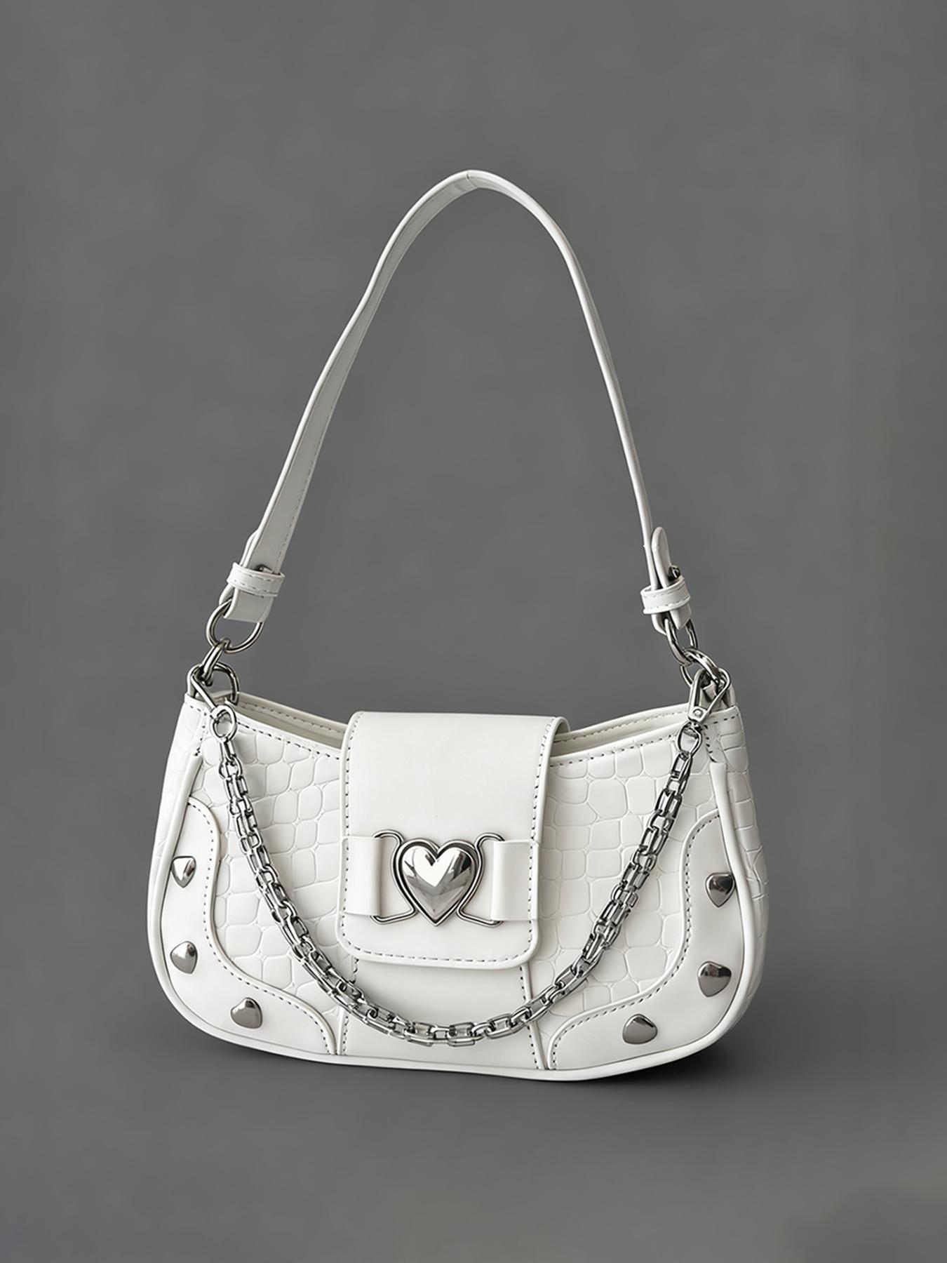 Women's Fashion Chain Decor Shoulder Bag, Heart Decorated Crocodile Textured Pu Leather Bag for Daily Used, Trendy All-match Underarm Bag, Cute Y2k Punk Style Hobo Dumpling Bag, Casual Zipper Purse, Chic Chain Crossbody