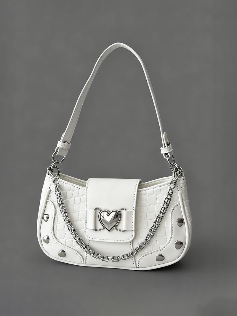 Women's Fashion Chain Decor Shoulder Bag, Heart Decorated Crocodile Textured Pu Leather Bag for Daily Used, Trendy All-match Underarm Bag, Cute Y2k Punk Style Hobo Dumpling Bag, Casual Zipper Purse