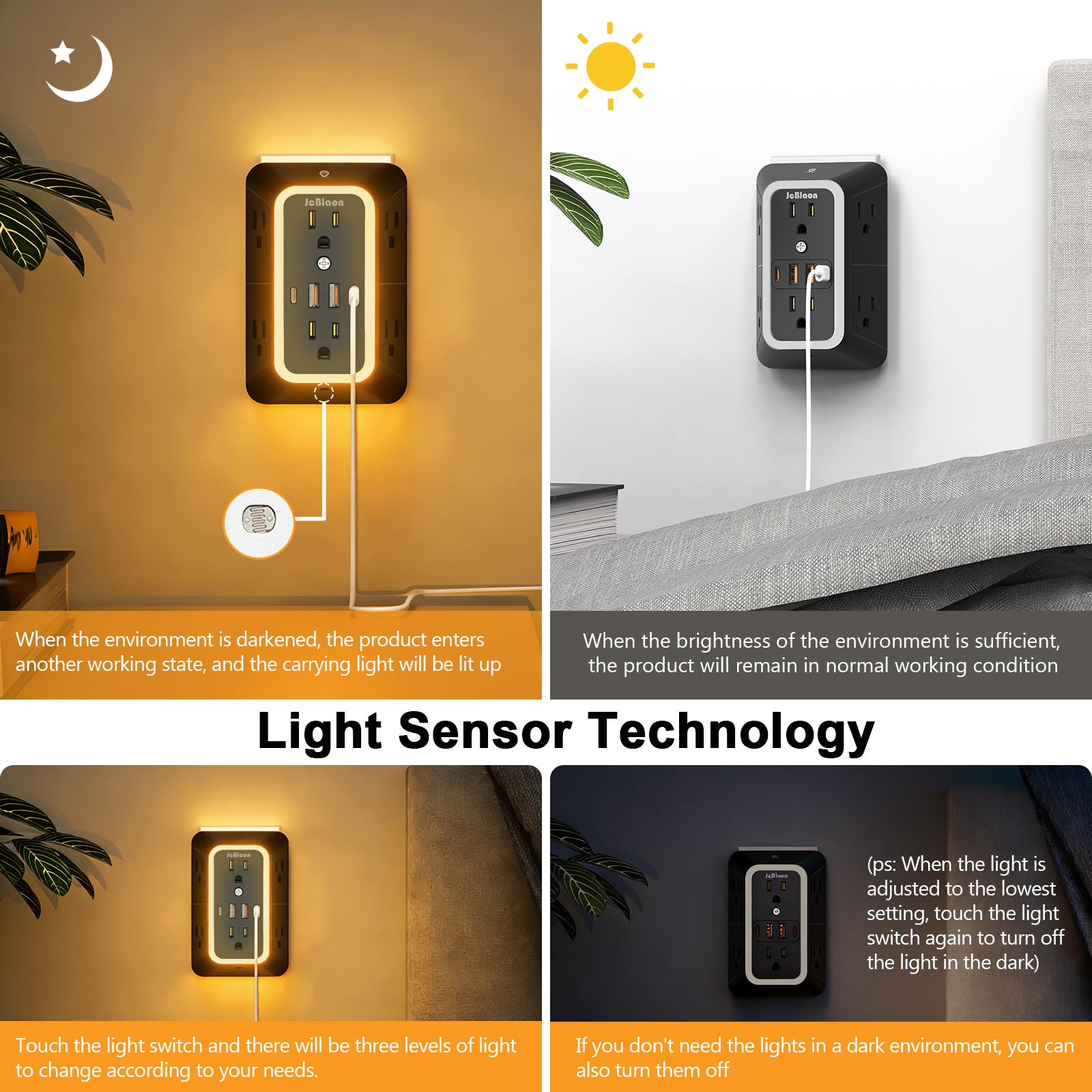 2 Pack Wall Outlet Extender with Night Light, 6 AC Outlets 4 USB Charging Ports , 1050J Surge Protector Power Strip, Multi Plug Outlet Adapter for Home, Travel, Office（Black and White）