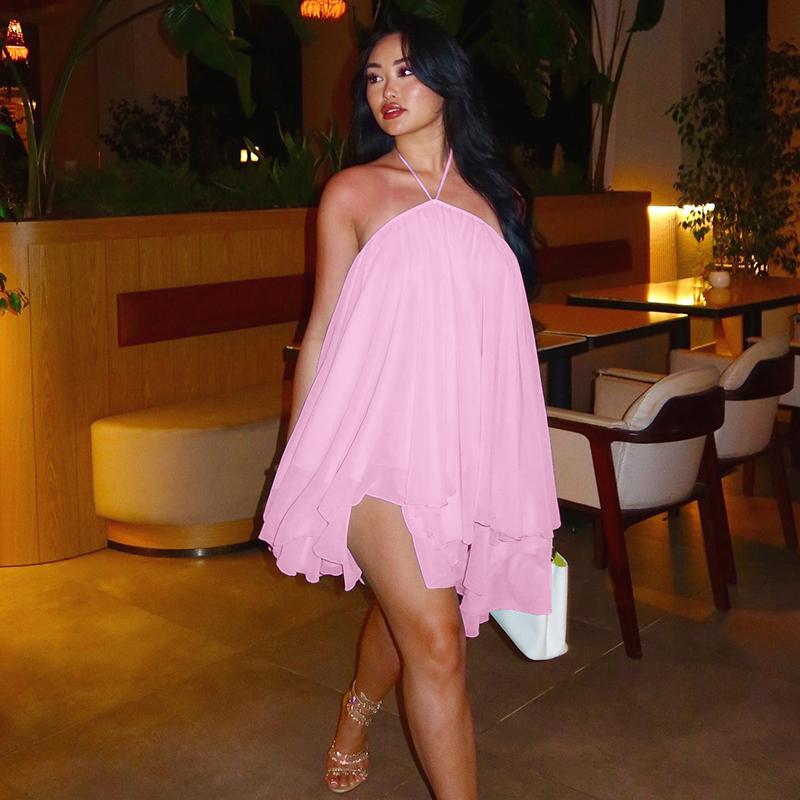 Dreamy Sleeveless Halter Mini Dress with Multiple Layers Solid Color Loose A Line Dress for Women's 2025 Fall New Arrival Casual Elegant Outfit Parties & Dates, Feminine & Trendy Gown Dresses SpringStatements