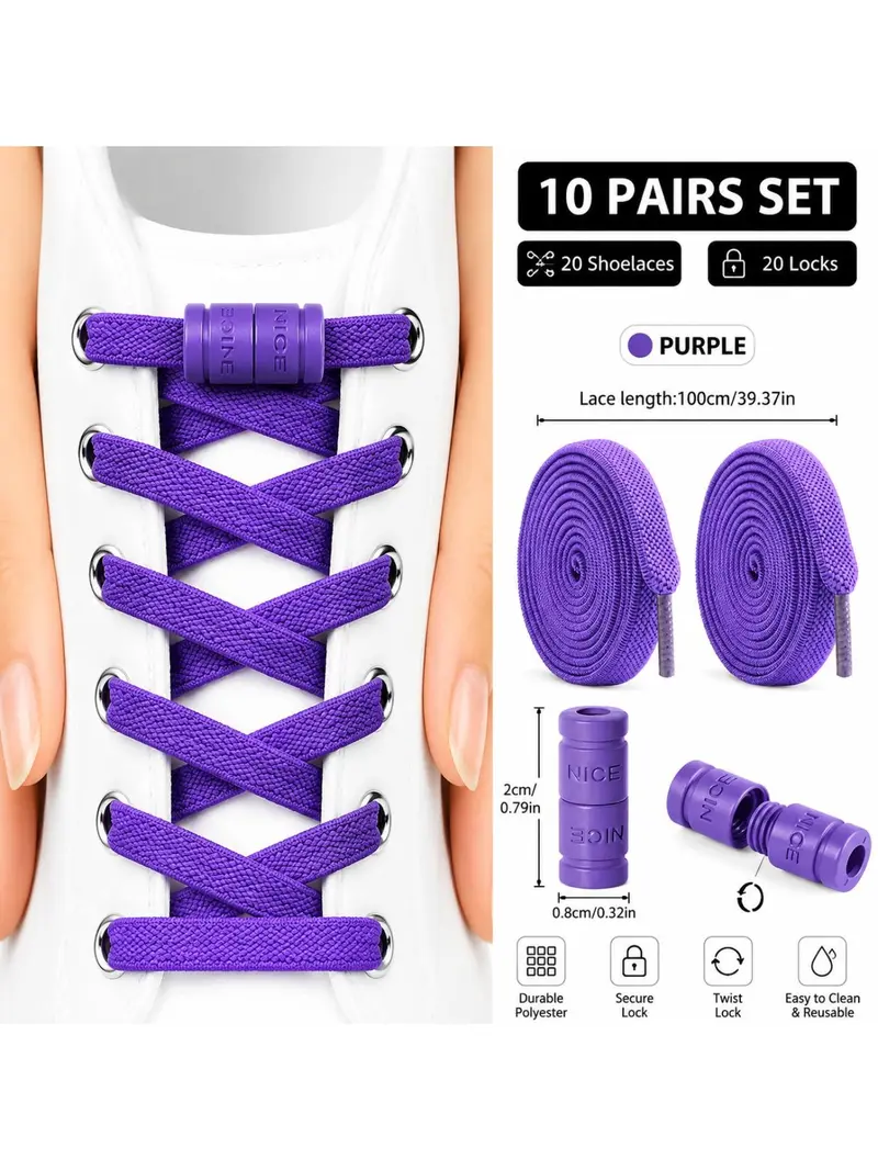 10 Pairs Adjustable Laces with Locks, Elastic Stretch Shoelaces for Kids and Adults, Quick Install Sports Shoes Laces, Shoe Strings for Sneakers