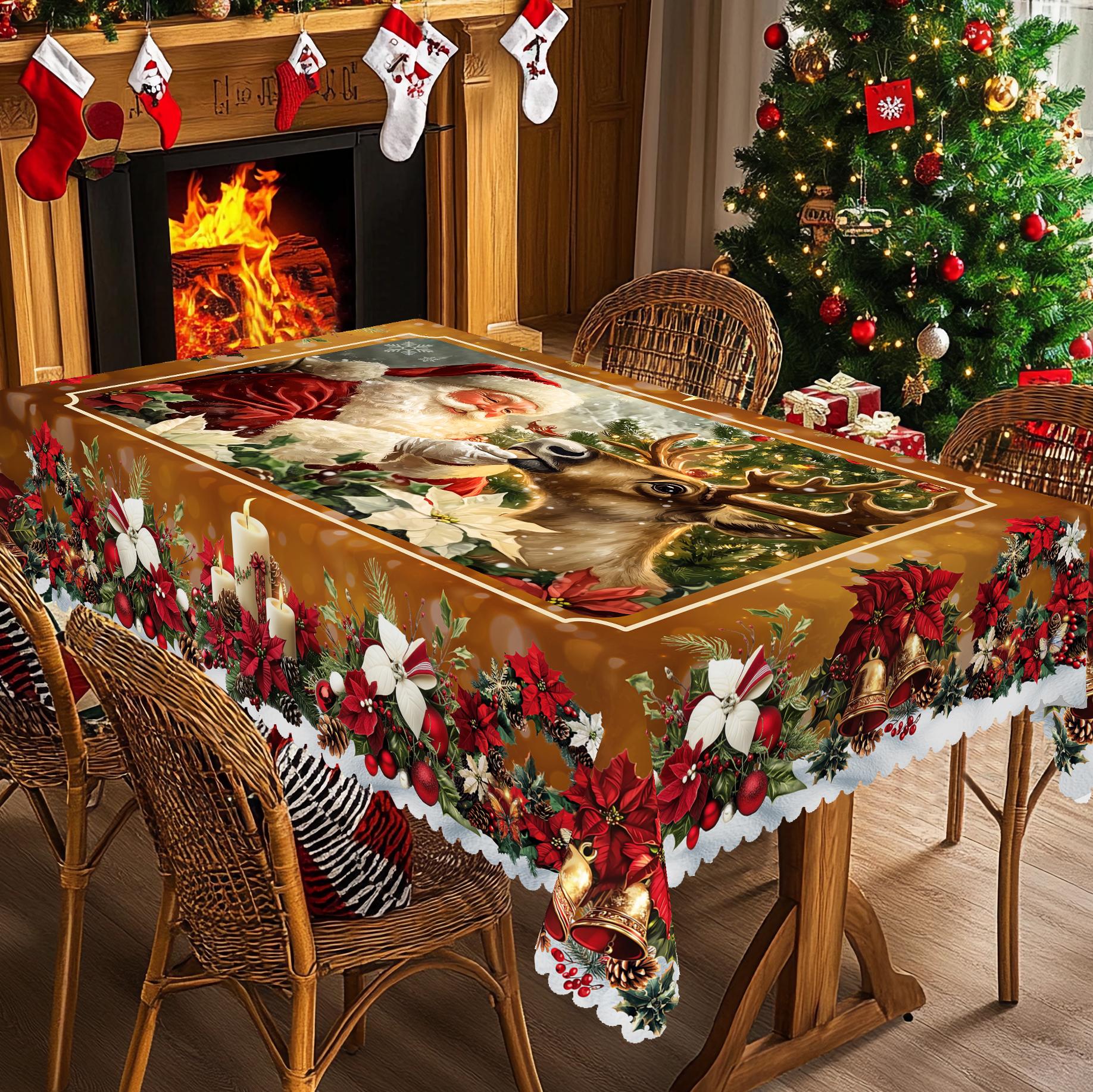 PLUMLIK Vintage Christmas Tablecloth with Santa Claus, Reindeer Patterns, Christmas Decor 2025, Christmas Party Decoration for Indoor&Outdoor, Golden Round Rectangular Table Cloth, Holiday Home kitchen Festive Decor, Christmas Gifts Dinnerware Celebration