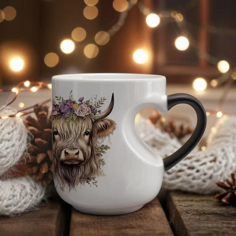 1pc Scottish Highland Cow Magical Mug with Heart-Shaped Handle & Scottish Cow Design - Funny Coffee Mug, Ceramic Tea/ Cup, Hand Wash Only, Reusable Gift for &, Birthdays, Cartoon Themed Gifts 11oz