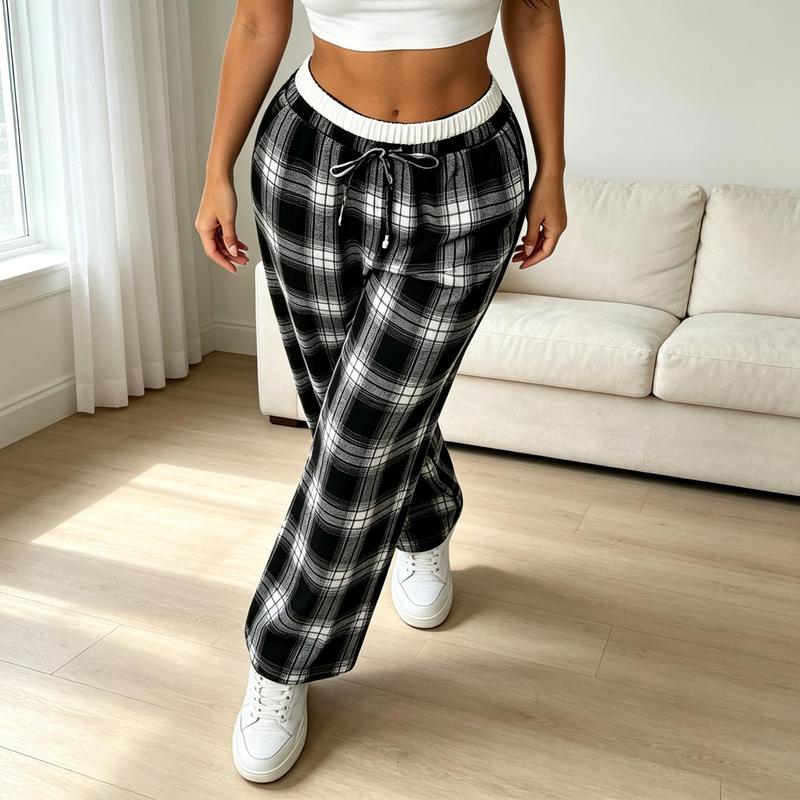 Women's Work Pants, Oversized Fit Women's Black and White Checkered Wide Leg Pants, White Elastic Waistband with Drawstring, Vintage Checkered Print, Thick Curtain Fabric, Women's Daily Clothing Fashionable Casual Pants