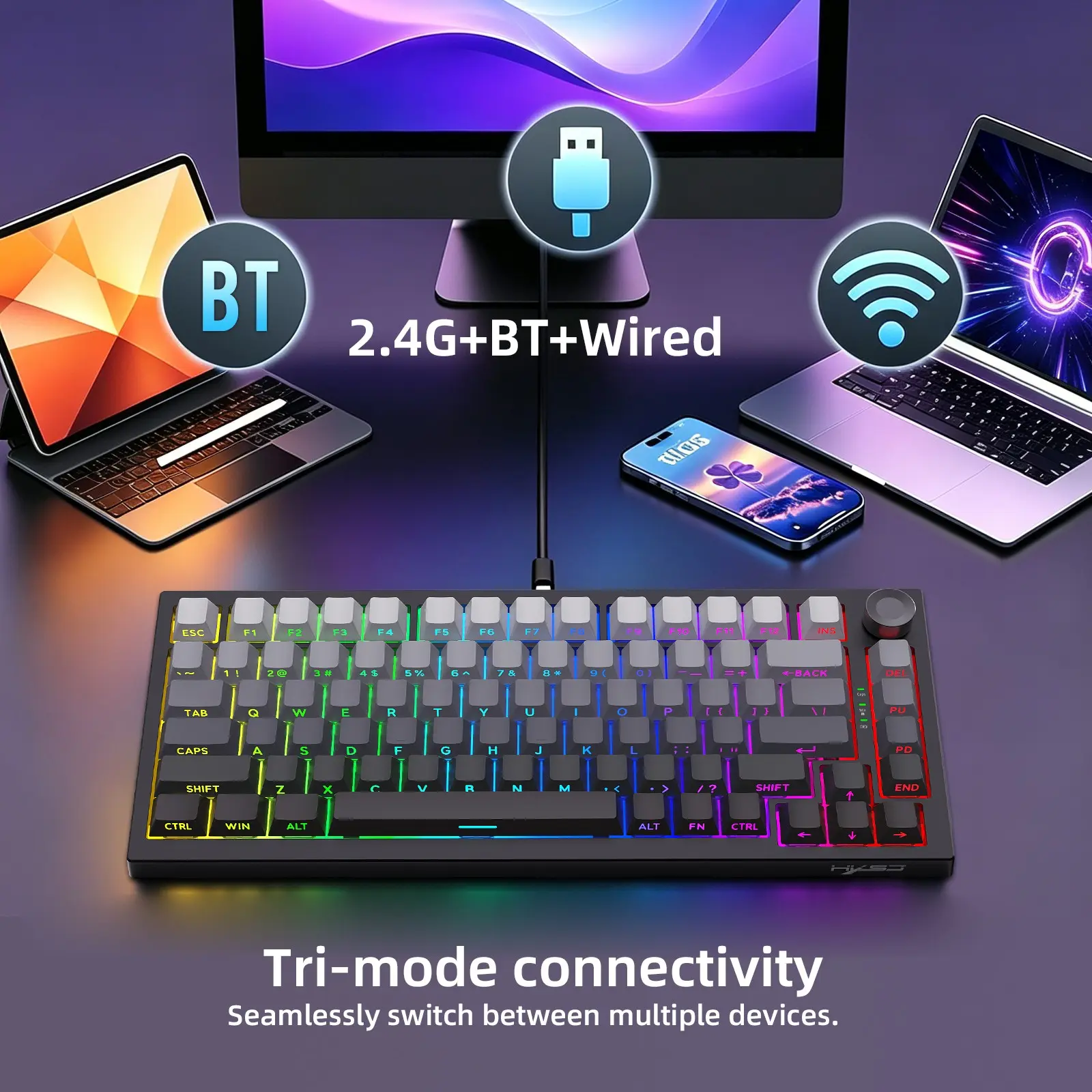 Wireless Mechanical Keyboard,75% Hot Swappable Custom Keyboard with Knob,RGB Backlit,Pre-lubed Reaper Switches,Side Printed PBT Keycaps,2.4GHz/USB-C/BT5.0 Mechanical Gaming Keyboards, Light Up Keyboard