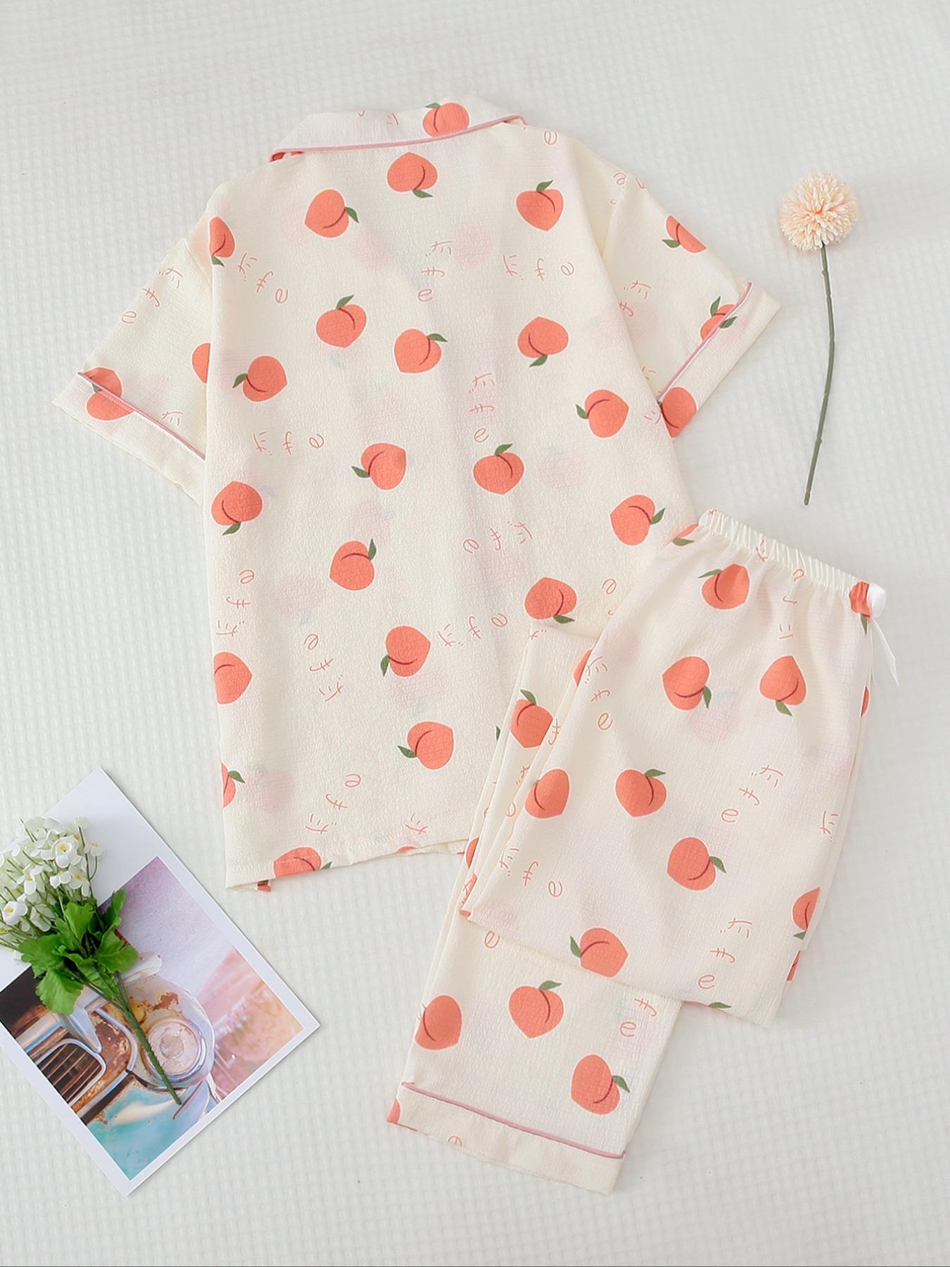 Two-Piece Set Women's All Over Print Pajama Set, Button Front Short Sleeve Shirt & Elastic Waist Pants Lounge Co-ord Set, Summer Outfits 2024, Lady Summer Homewear