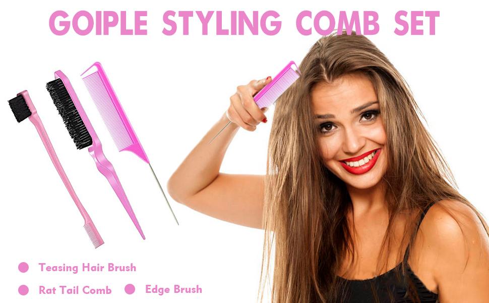3 Count Comb Set for Teasing Edge and Back Brushing Rat Tail and Edge Combs Hair Stick for Styling Women's Haircare Smooth Heatless (Pink)